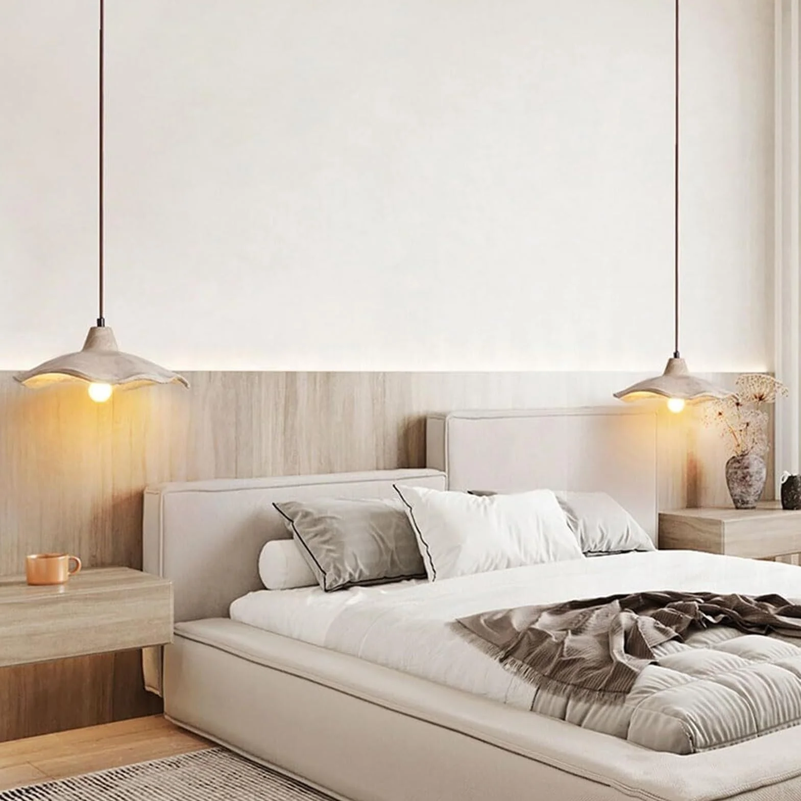 Nordic Grey Concrete Lotus Flower Pendant Lamp Chandelier Hanging Light Ceiling Mid Century Modern For Bedroom Nightstand Bedside Kitchen Island Dining Room(25CM)