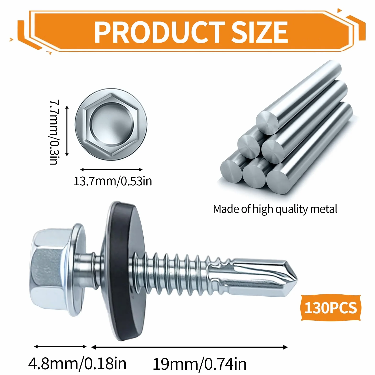 Wkręty do blachy traperowej z uszczelką, 130 sztuk metalowych śrub do dachów, 4,8 x 19 mm, sześciokątne, z podkładką uszczelniającą, wkręty samogwintujące