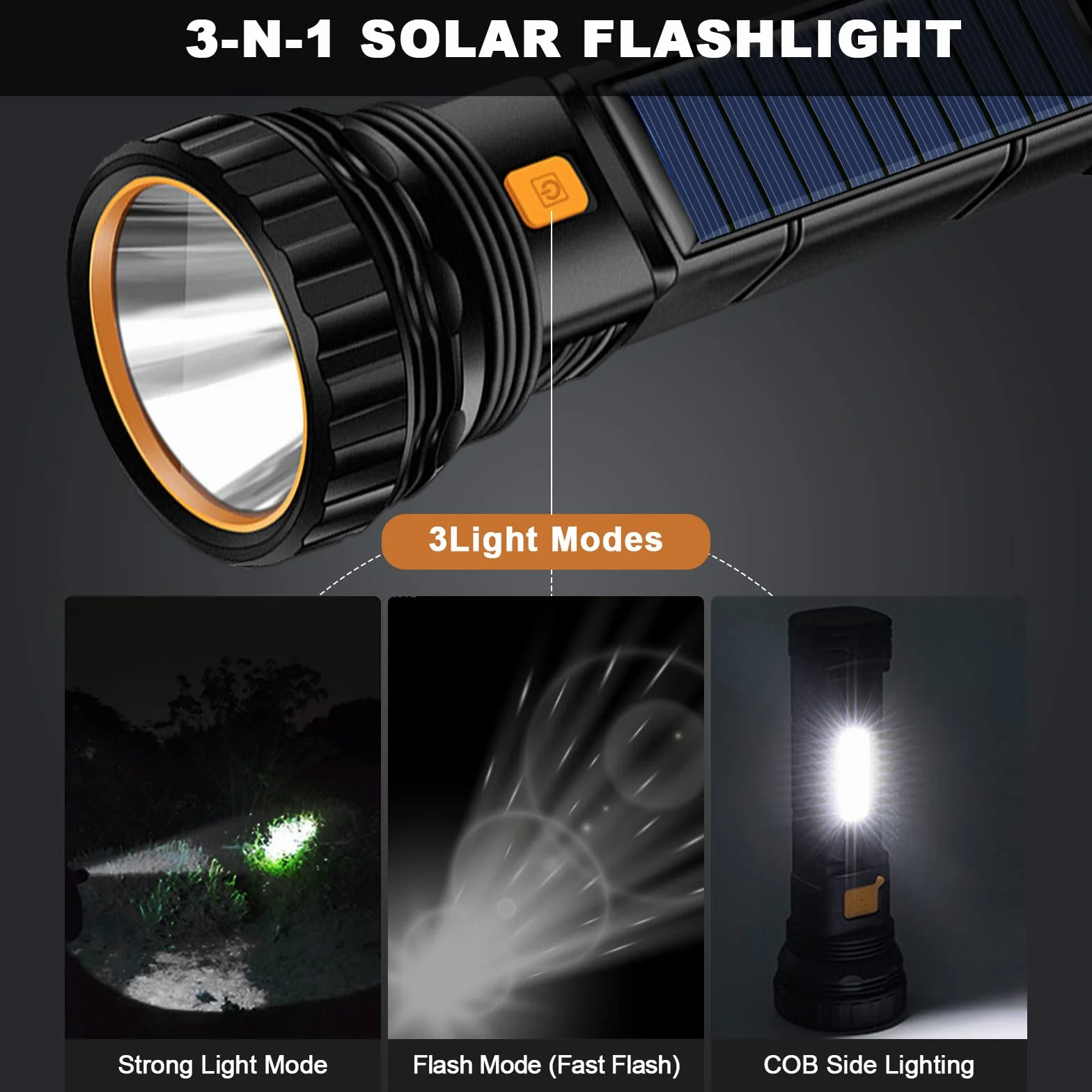 Latarka solarna LED, 1200 Mah, ładowalna, z ładowarką USB, IPX4, wodoodporna, 3 tryby światła, na kemping, wędrówki, w nagłych wypadkach