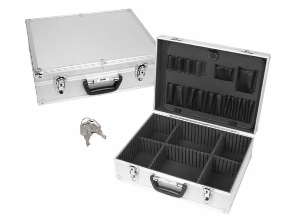 Perel Aluminiowa walizka narzędziowa 457 x 330 x 152 mm z zamkiem na klucz, regulowanymi przegrodami i uchwytami na narzędzia, twarda walizka transportowa na narzędzia, laptop i sprzęt pomiarowy