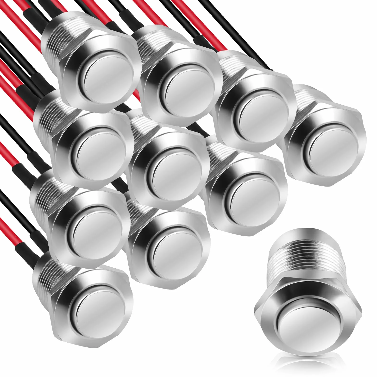 10 sztuk wodoszczelnych przycisków, przycisk 12 mm z drutem, chwilowy przełącznik ciśnieniowy ze stali nierdzewnej, przełącznik 5 A, 12 V/24 V//125 V/250 V, do klaksonów, elektrycznego dzwonka