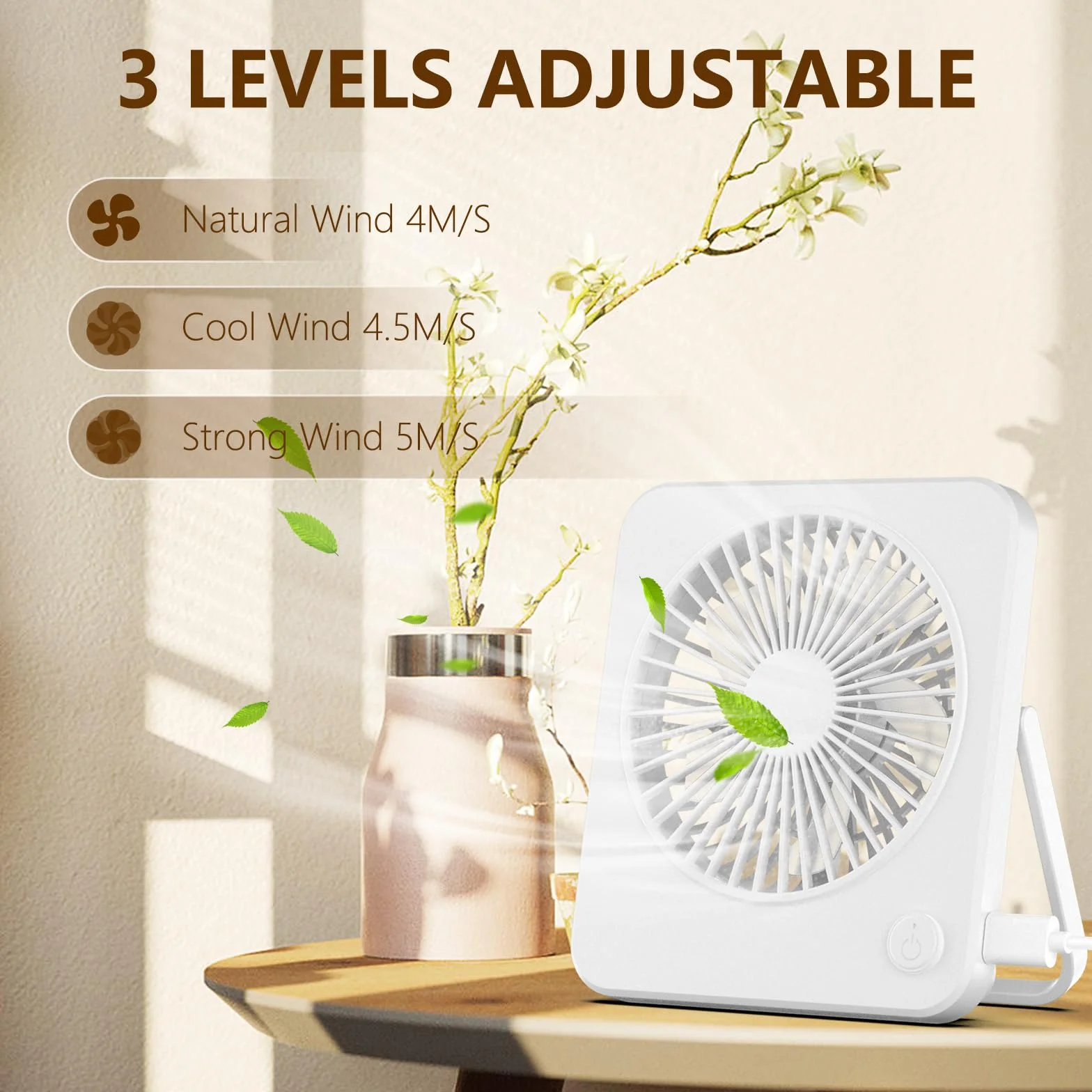 Hianjoo wentylator USB, mini wentylator cichy, wentylator biurkowy z 3 prędkościami, wentylator na USB Desk Fan do biura, domu i sypialni [biały] zasilanie przez USB, bez baterii