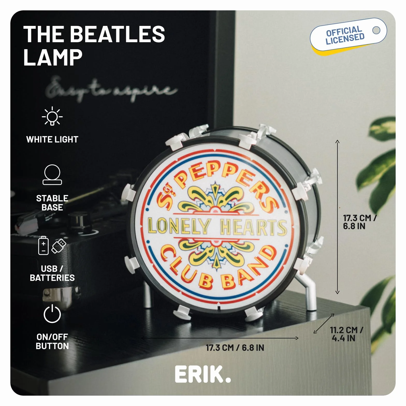 Grupo Erik Battery Lamp - The Beatles Gifts for Men & for Women | Desk Lamp Table, Mood Light, Gaming Light | Drum Music Gifts, Cool Room Decor, The Beatles Merchandise