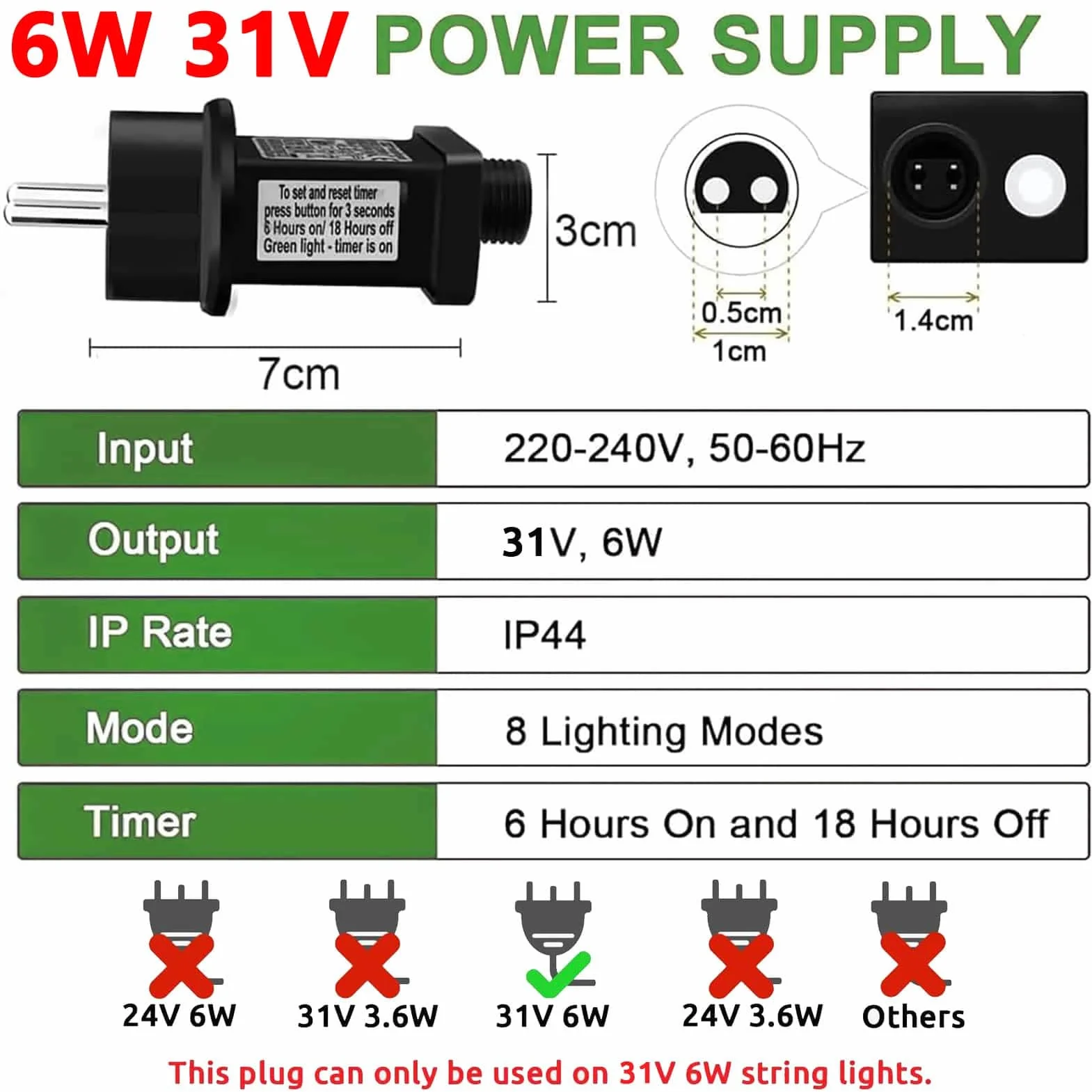 Joycome Zasilacz 31 V, wtyczka UE, 8 trybów, zamiennik wtyczki z timerem, wodoodporny transformator, sterownik LED do oświetlenia bożonarodzeniowego, łańcuch świetlny, oświetlenie sopli lodu