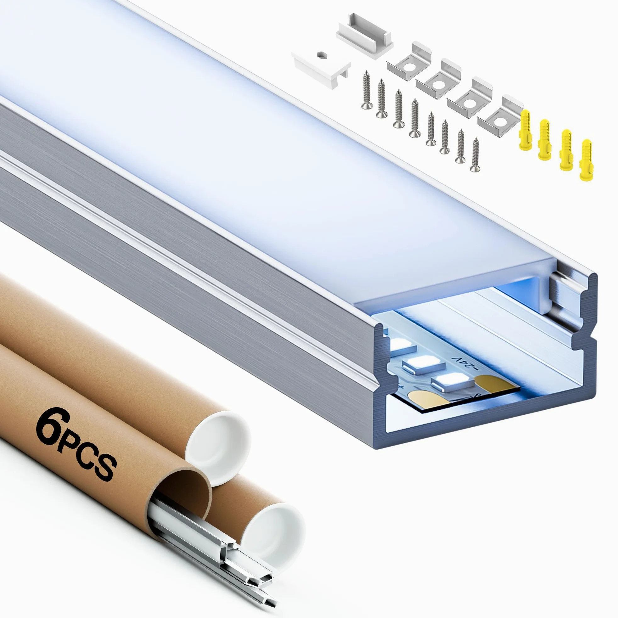 Shine Plus 6 profili szynowych LED, po 2 metry – kanał LED kompatybilny z taśmami LED o szerokości do 17 mm, profile aluminiowe z mlecznym dyfuzorem i materiałem montażowym