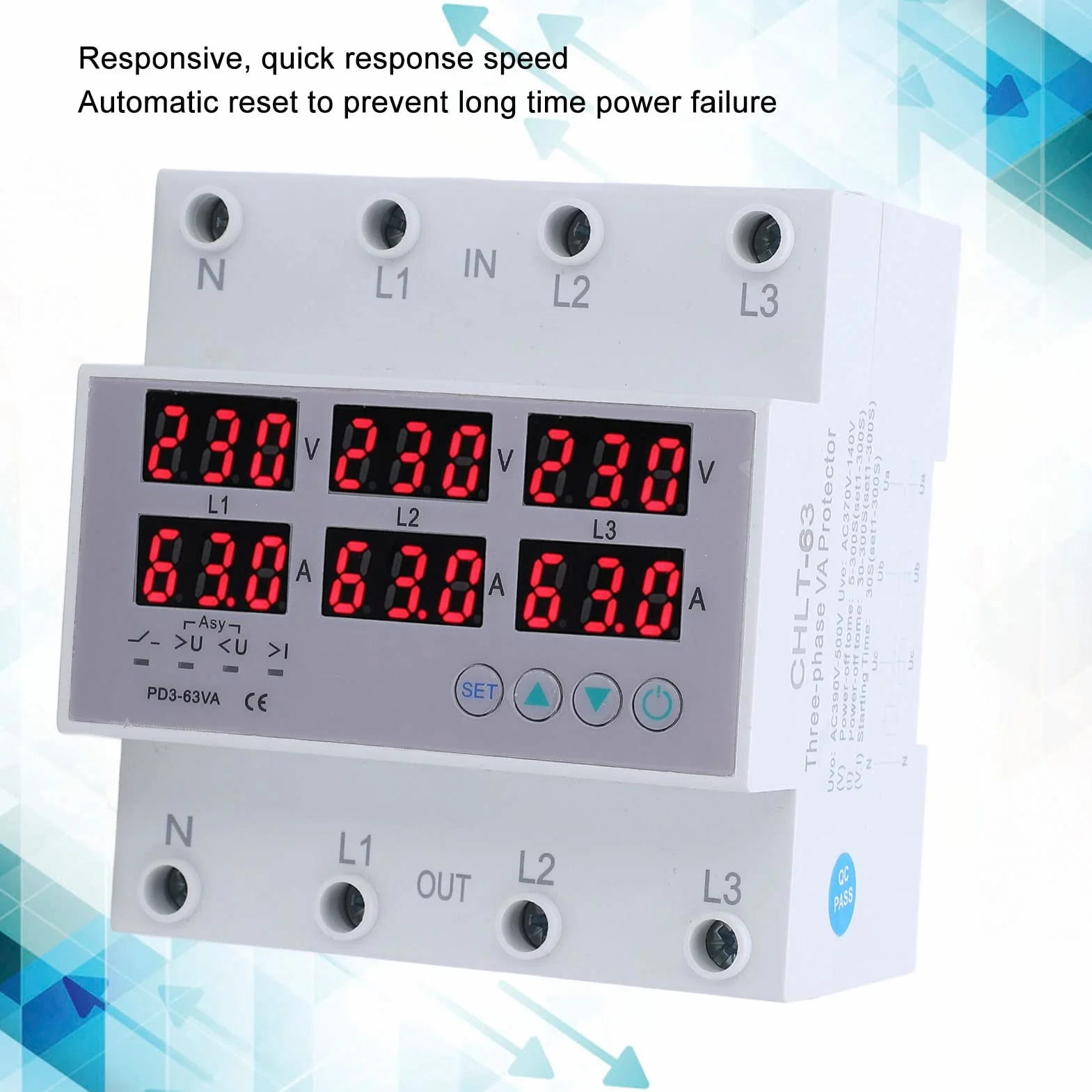 3-fazowy Woltomierz Amperomierz na Szynie DIN Multi Tester, AC 390-500 V Automatyczne Zabezpieczenie Nadnapięciowe Nadprądowe(63A)