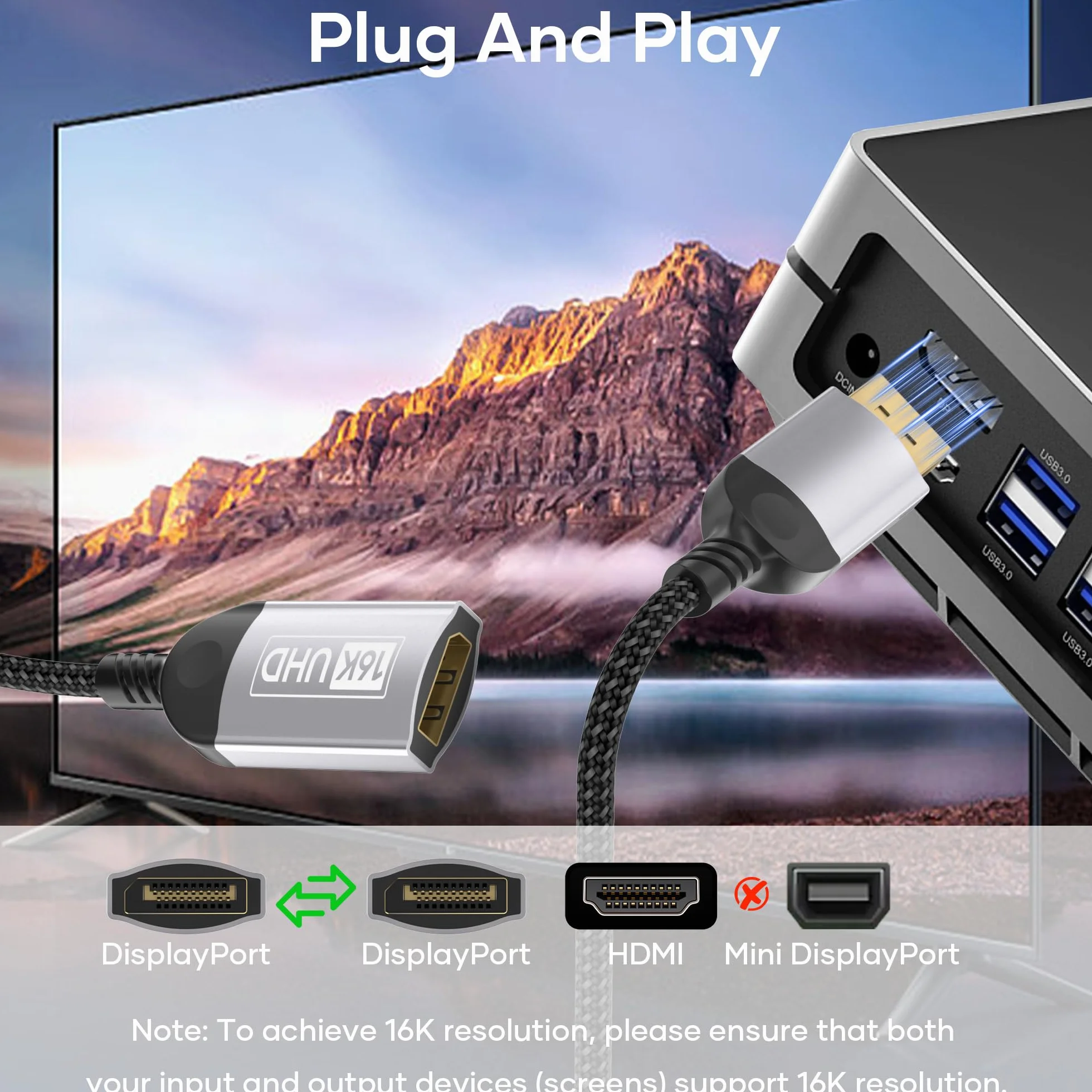 Kabel DisplayPort 2.1 16K 1 m 80 Gb/s HDR FreeSync G-Sync DSC 1.2a HDCP 2.2