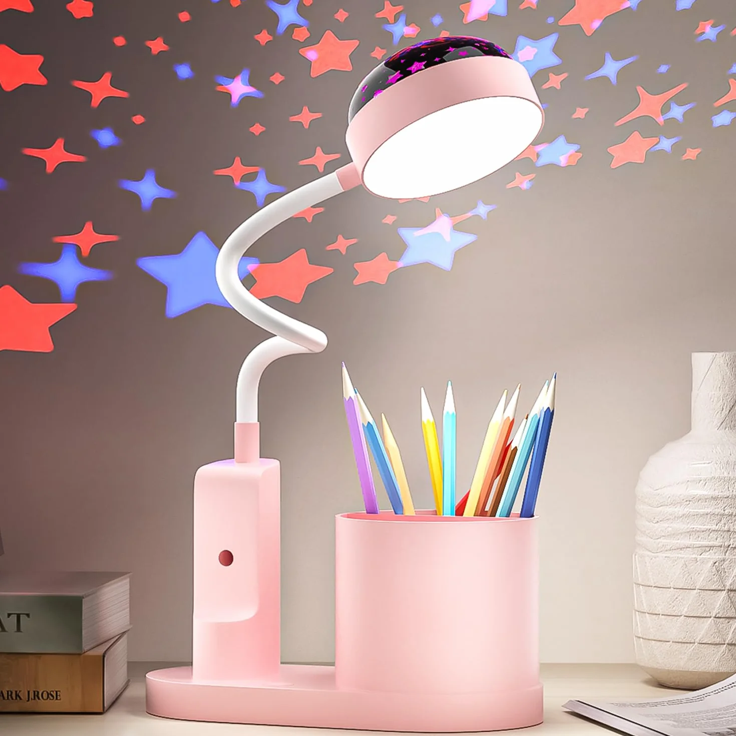 TechKen Lampa biurkowa dla dzieci, lampka nocna LED, lampa stołowa, ściemniana, poziomy jasności, ładowalna lampa z giętką szyją, lampa stołowa, lampa do nauki z uchwytem na długopis, projekcja gwiazd