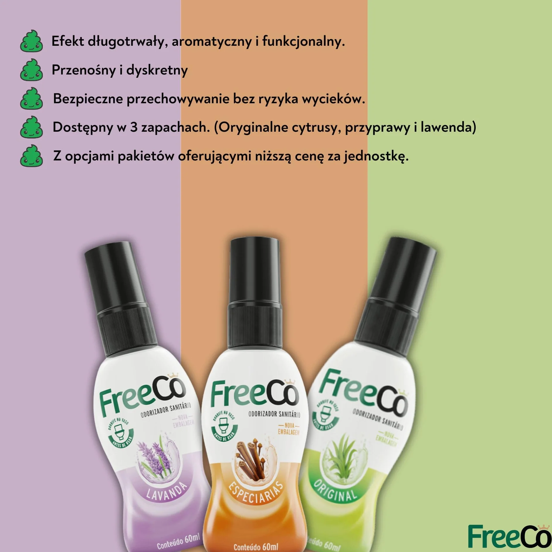 FreeCo Spray WC – wstępnie używa się zapachów (Before You Go) | naturalne olejki eteryczne, dom, biuro, restauracja, podróż, opakowanie mieszane 2 x 60 ml, oryginalne owoce cytrusowe + uspokajająca