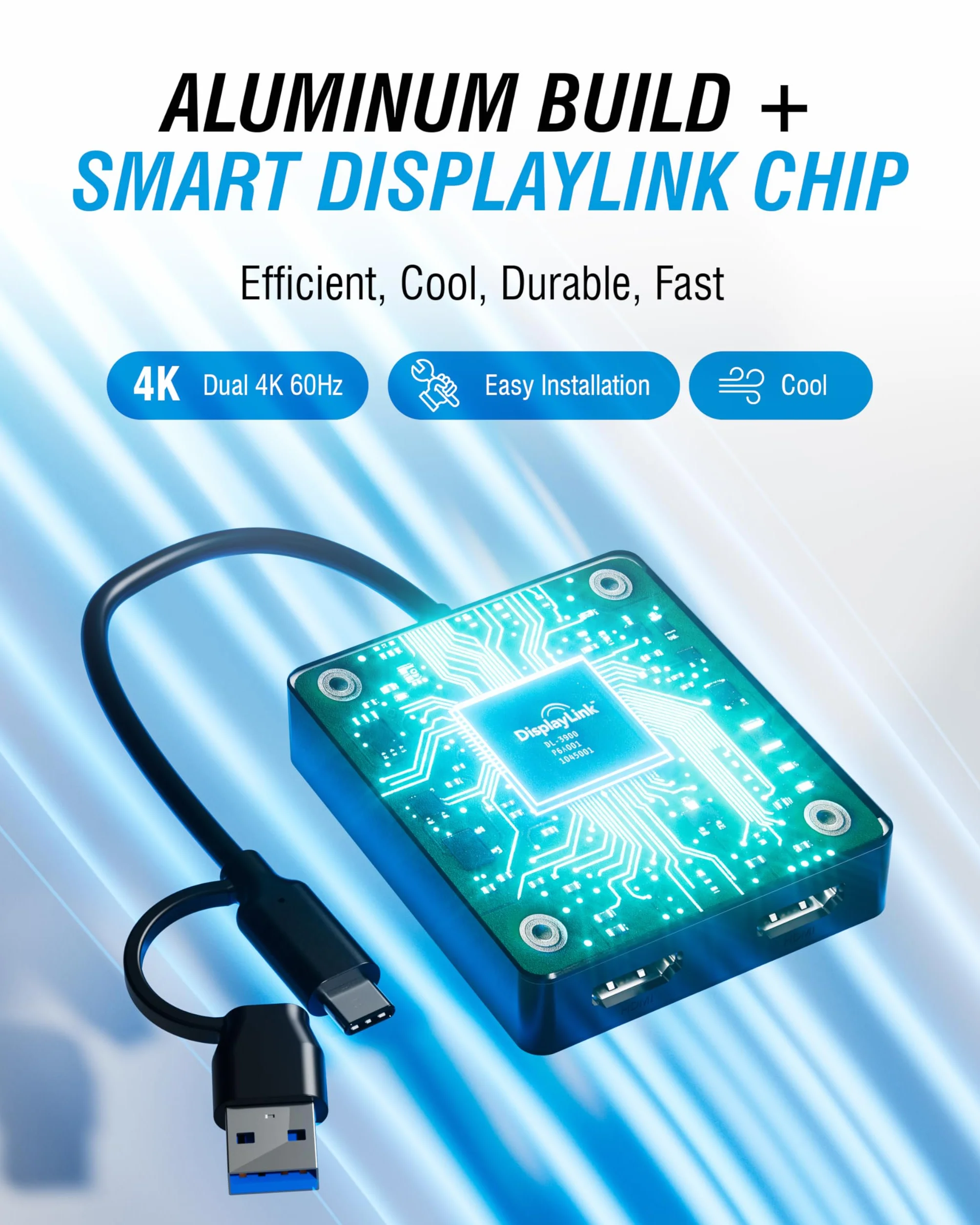 SABRENT Podwójny adapter HDMI z DisplayLink for Mac – adapter USB-C/A na podwójny monitor HDMI, rozszerzony wyświetlacz 4K przy 60 Hz, dźwięk stereo/5.1, obsługa HDCP, aluminiowa obudowa (DA-CA2H)