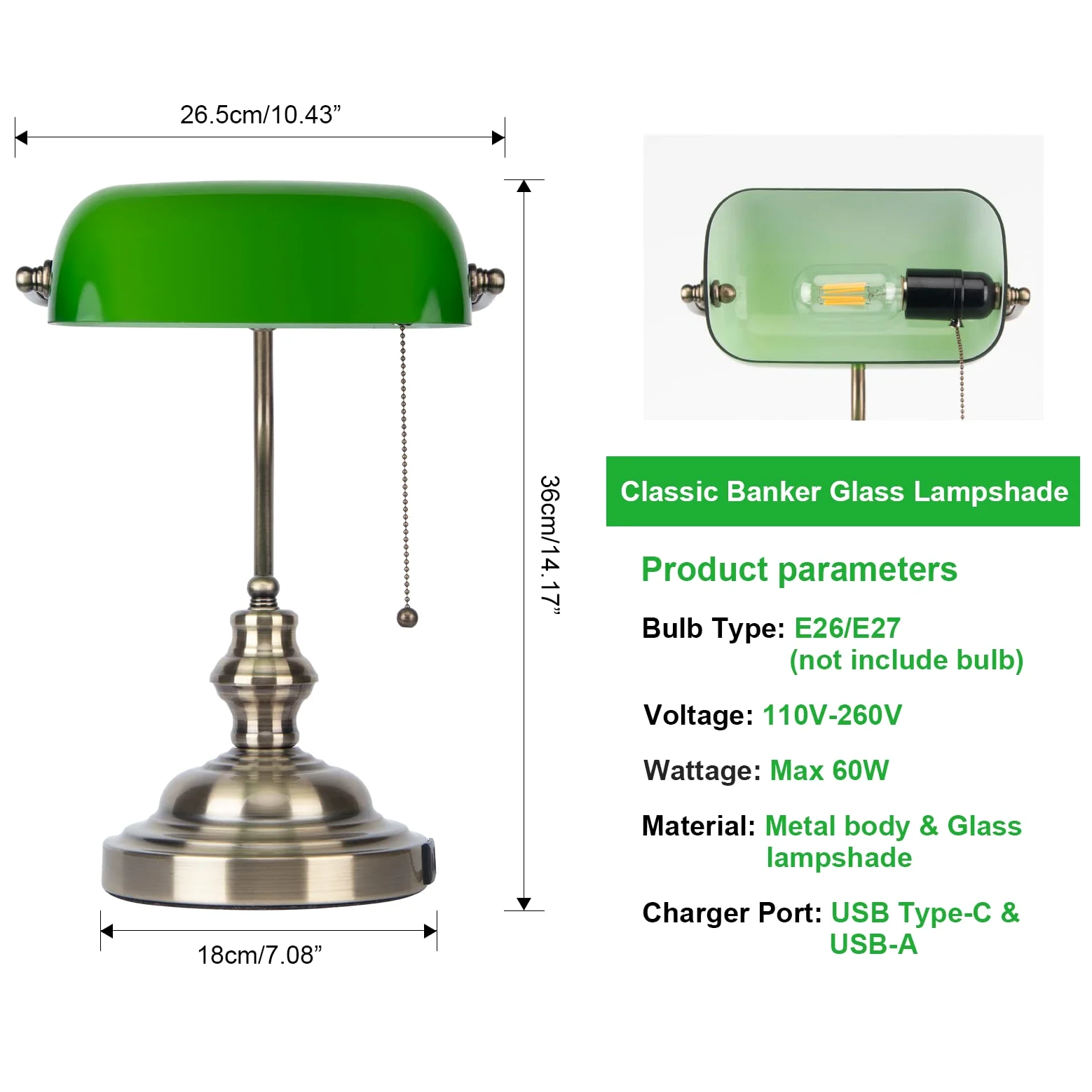 Lampa Stołowa W Stylu Ekologicznym, Wykonana Ze Szkła, W Stylu Retro, Z Gniazdem USB Do Ładowania Oraz Mosiężnym Przełącznikiem W Stylu Retro