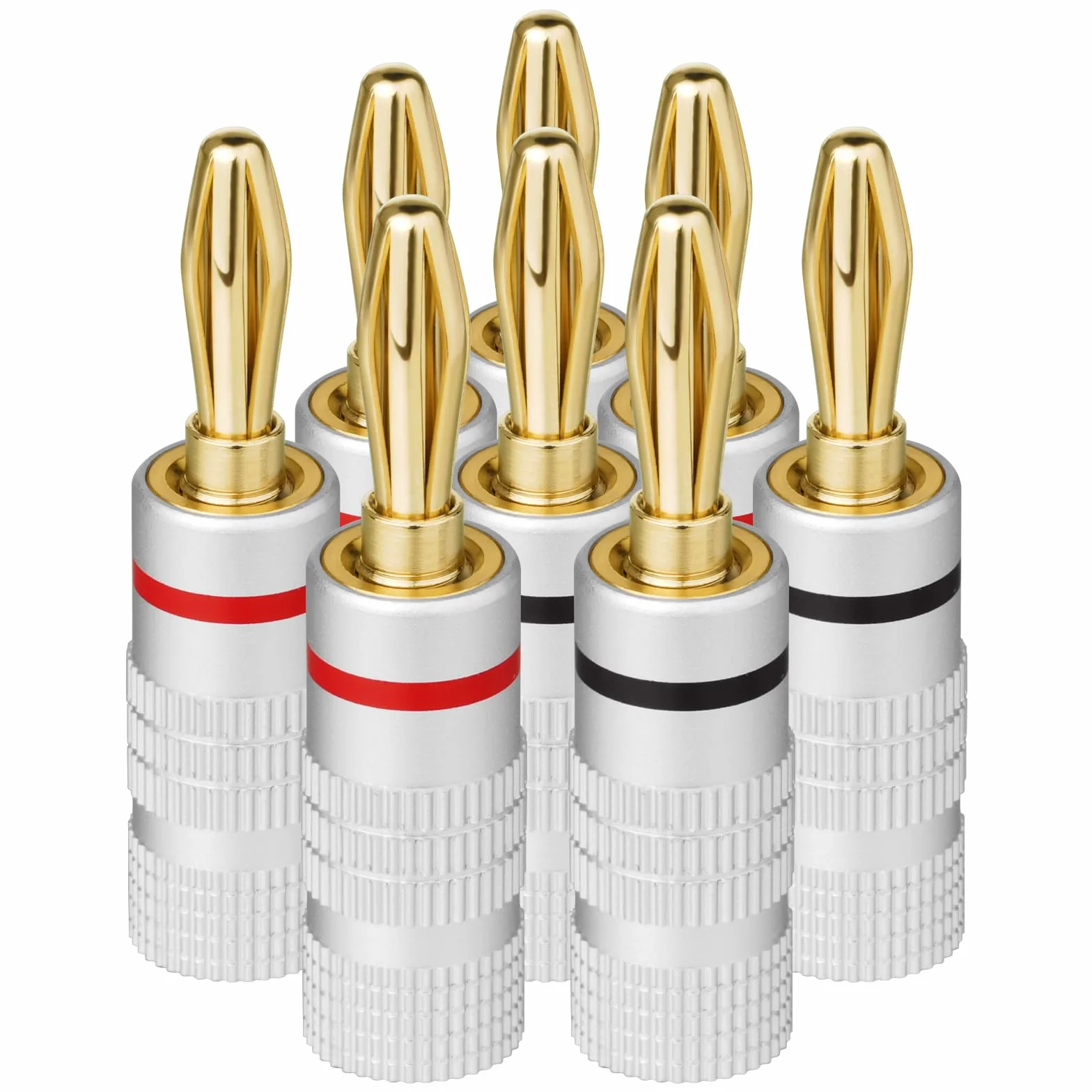 Wtyczki bananowe 4 sztuki, złącza do kabli głośnikowych 4,5 mm², HiFi (2 czerwone, 2 czarne)