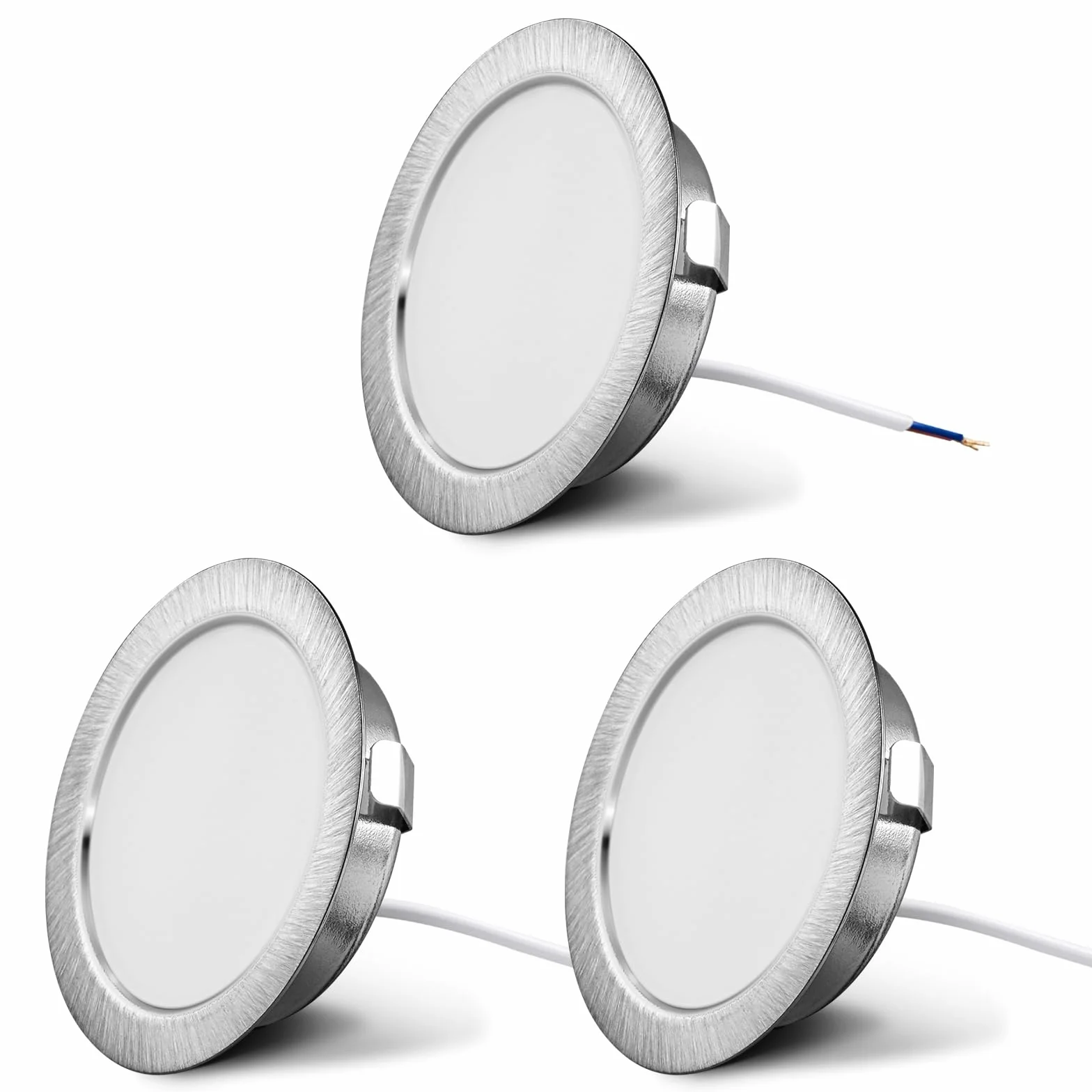 Zestaw 3 lamp meblowych LED 230V, 3,5W LED IP44 G4 15mm płaskich reflektorów wpuszczanych do mebli, 3000K ciepła biel, oświetlenie okapu kuchennego, oświetlenie łazienkowe punktowe wpuszczane (Nikiel szczotkowany)