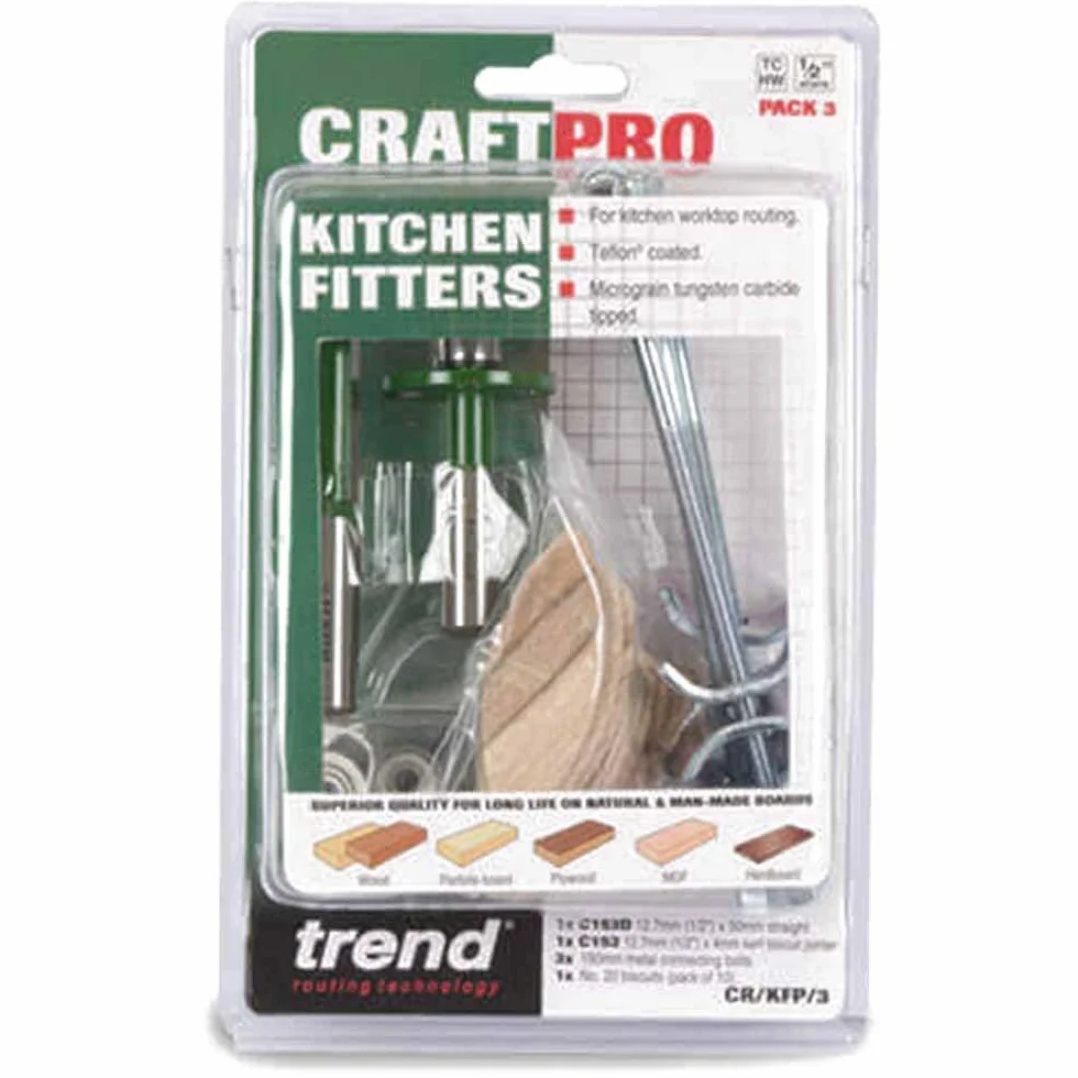 Trend Kitchen Fitters Pack, 3 chwyty metryczne 12 mm, 3-częściowy zestaw przecinaków z trzema śrubami łączącymi i dziesięcioma herbatnikami, CR/KFP/3X12MM