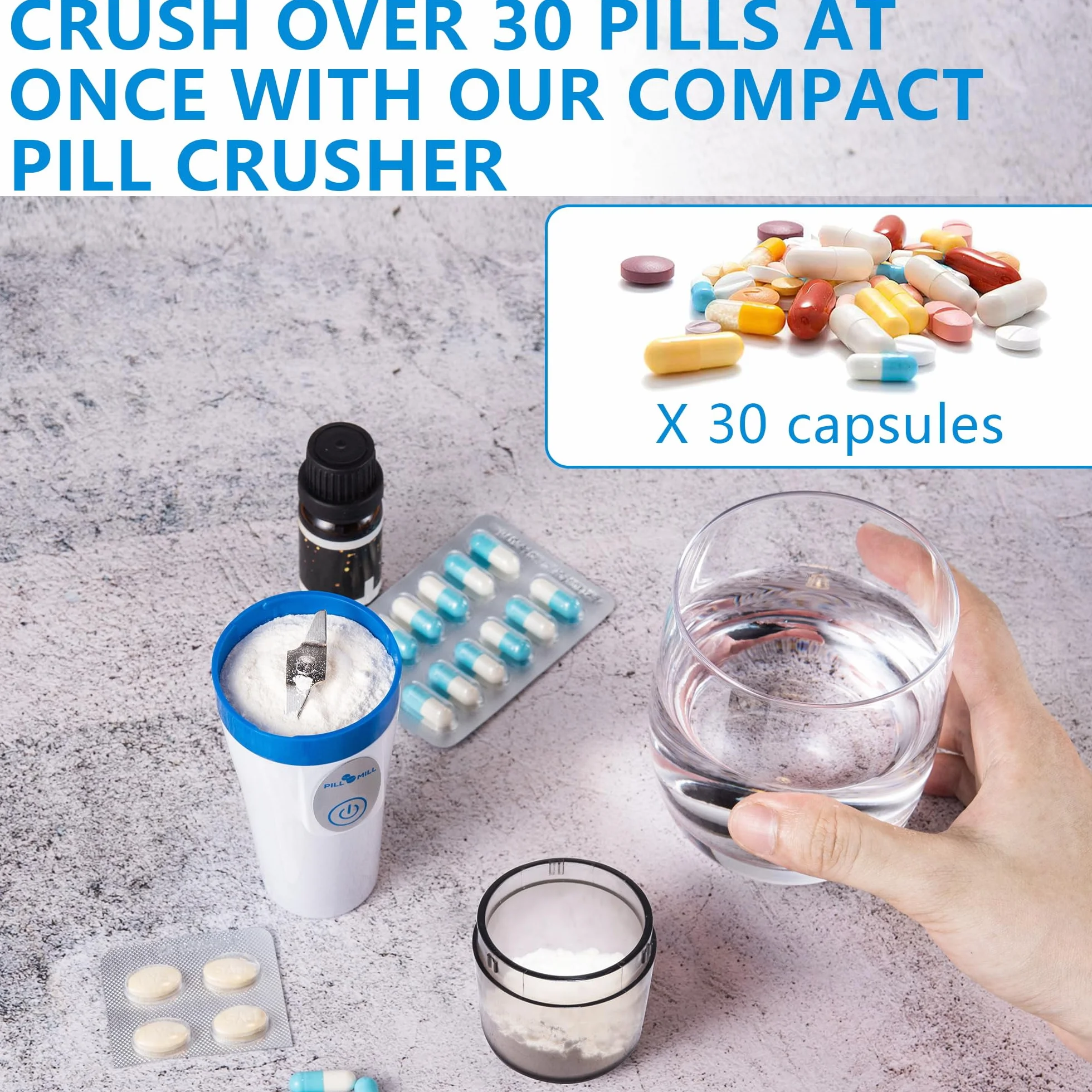 Pill Mill mała elektryczna kruszarka do tabletek - kruszarka do tabletek klasy szpitalnej dla osób starszych - młynek do tabletek, bardzo drobny proszek - elektryczny młynek do tabletek do leków,