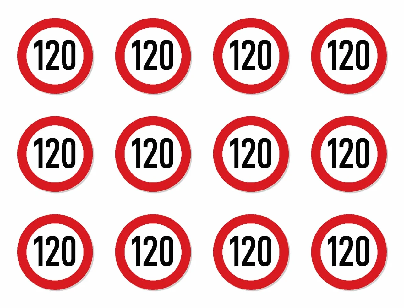 Naklejki: 25 mm, 12 sztuk – znak drogowy Z-274 czerwony/biały – maksymalna prędkość/prędkość maksymalna – 120 km/h