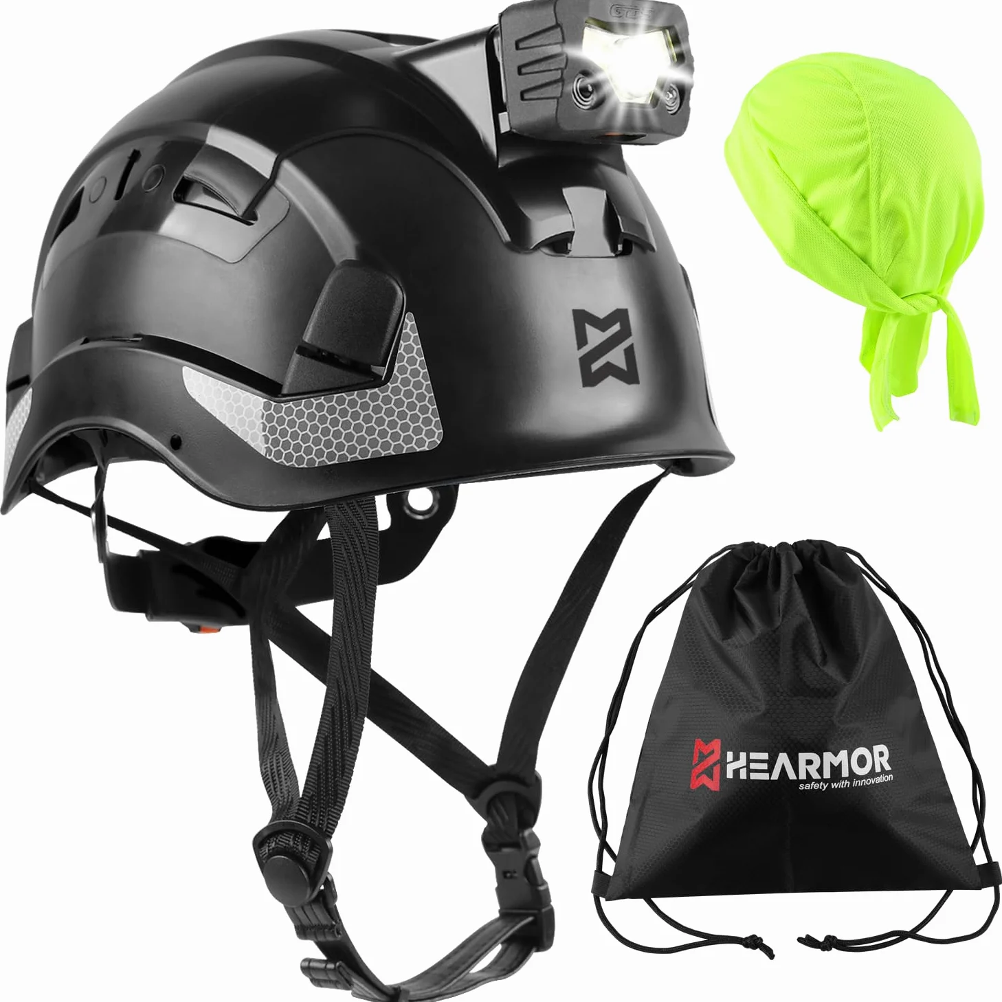 HEARMOR Working at Heights kask przemysłowy dla dorosłych kask budowlany z reflektorem LED, w tym bezpieczeństwo ABS, certyfikat EN12492, test odporności na wstrząsy i penetrację EN397