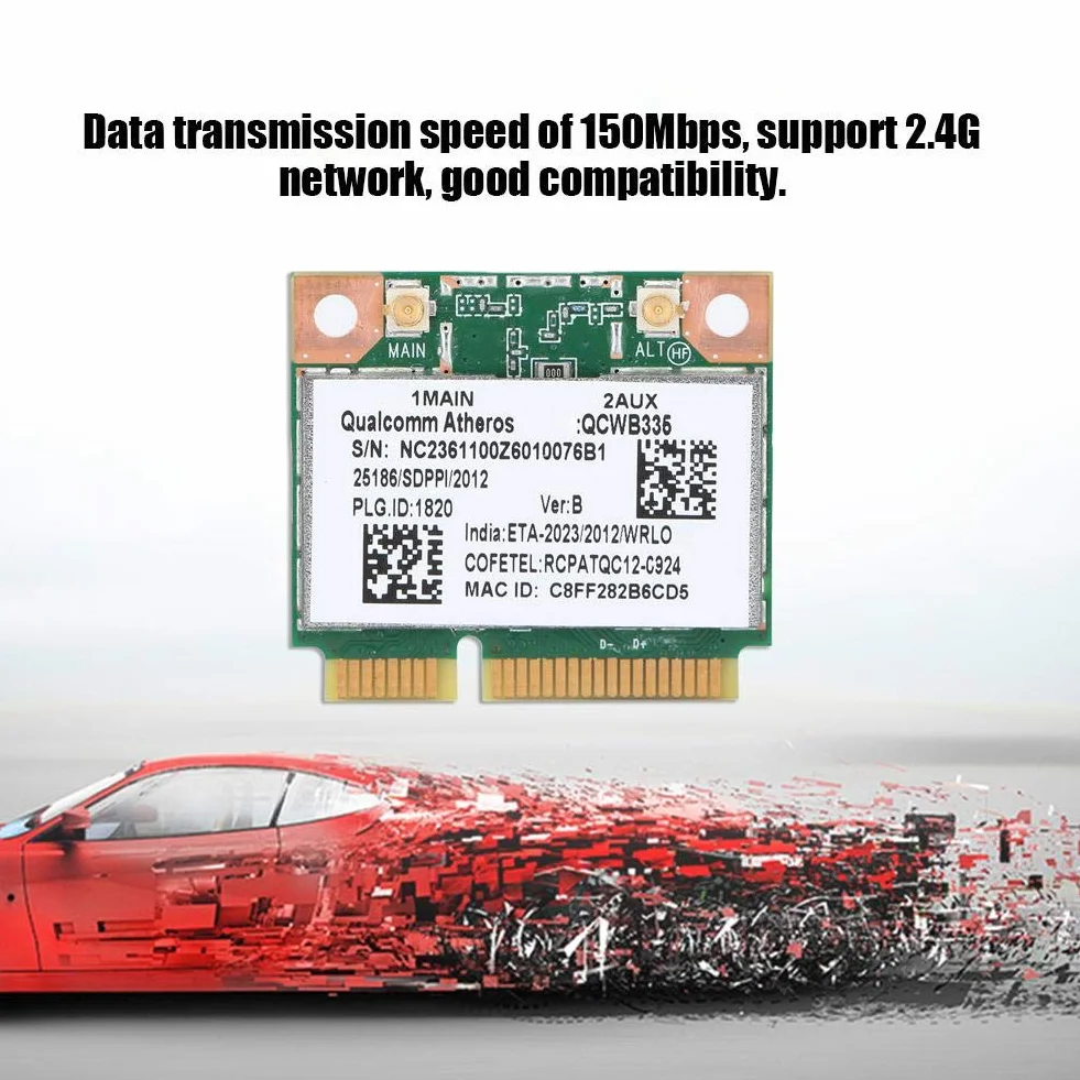 ASHATA Karta sieciowa Qualcomm Atheros AR9565 QCWB335 150M Mini PCI-E bezprzewodowa Bluetooth 2,4 G dla DELL