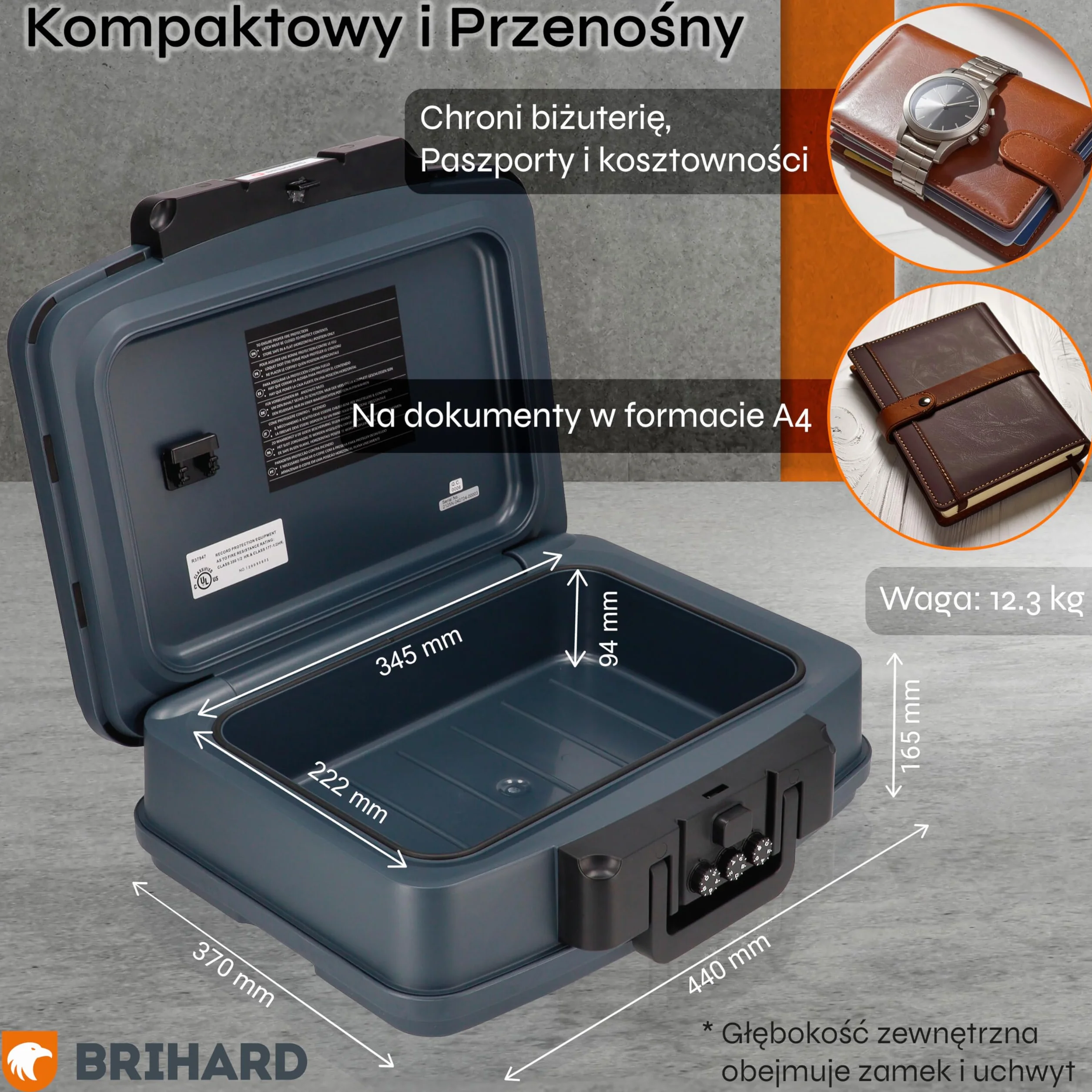 Przenośna kaseta certyfikowana 2125N, A4 - Wodoodporna i ognioodporna skrzynia do przechowywania cennych przedmiotów i dokumentów z zamkiem szyfrowym i uchwytem, W 16.5 x S 44 x G 36.8 cm