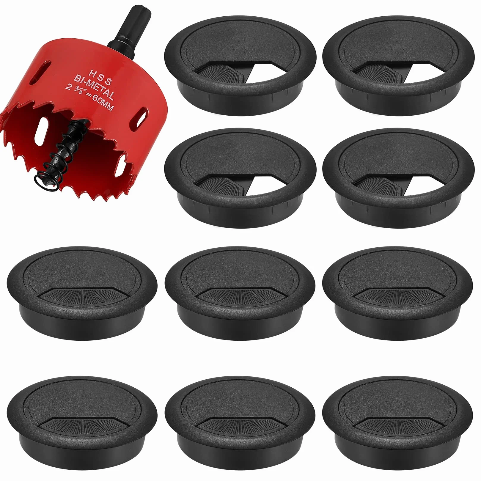 10 sztuk na biurko, przepust kablowy, 60 mm, okrągłe osłony otworów kablowych do biura, stołu, blatów roboczych, prowadnica kabli, z otwornicą (czarne)