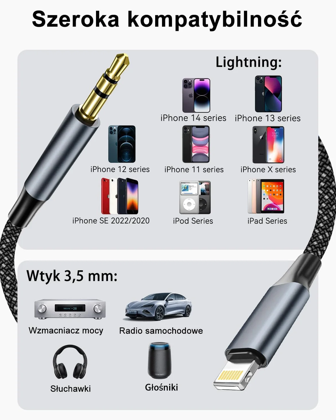 Kabel Aux iPhone 1M MFi Lightning do 3,5 mm męski Jack Adapter Słuchawki Audio Cable kompatybilny z iPhone 14/13/12/11/X/8/7