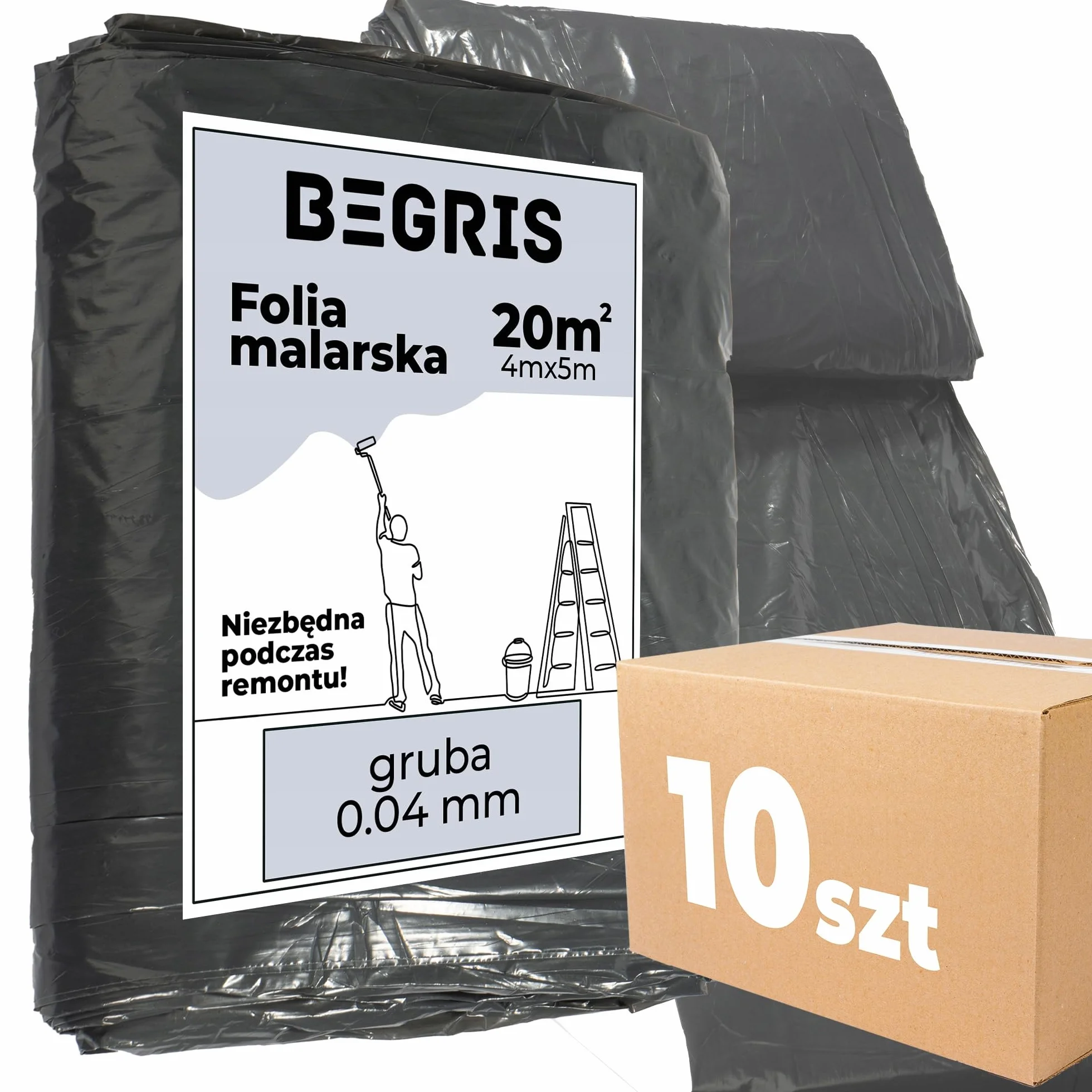 10xFolia Malarska Extra Gruba 0.04mm Na Meble, Podłogi, Okna Ochronna Plandeka do Malowania 4x5m Wytrzymała Folia Osłonowa do Malowania i Remontu Folia Ochronna Czarna 10 Sztuk