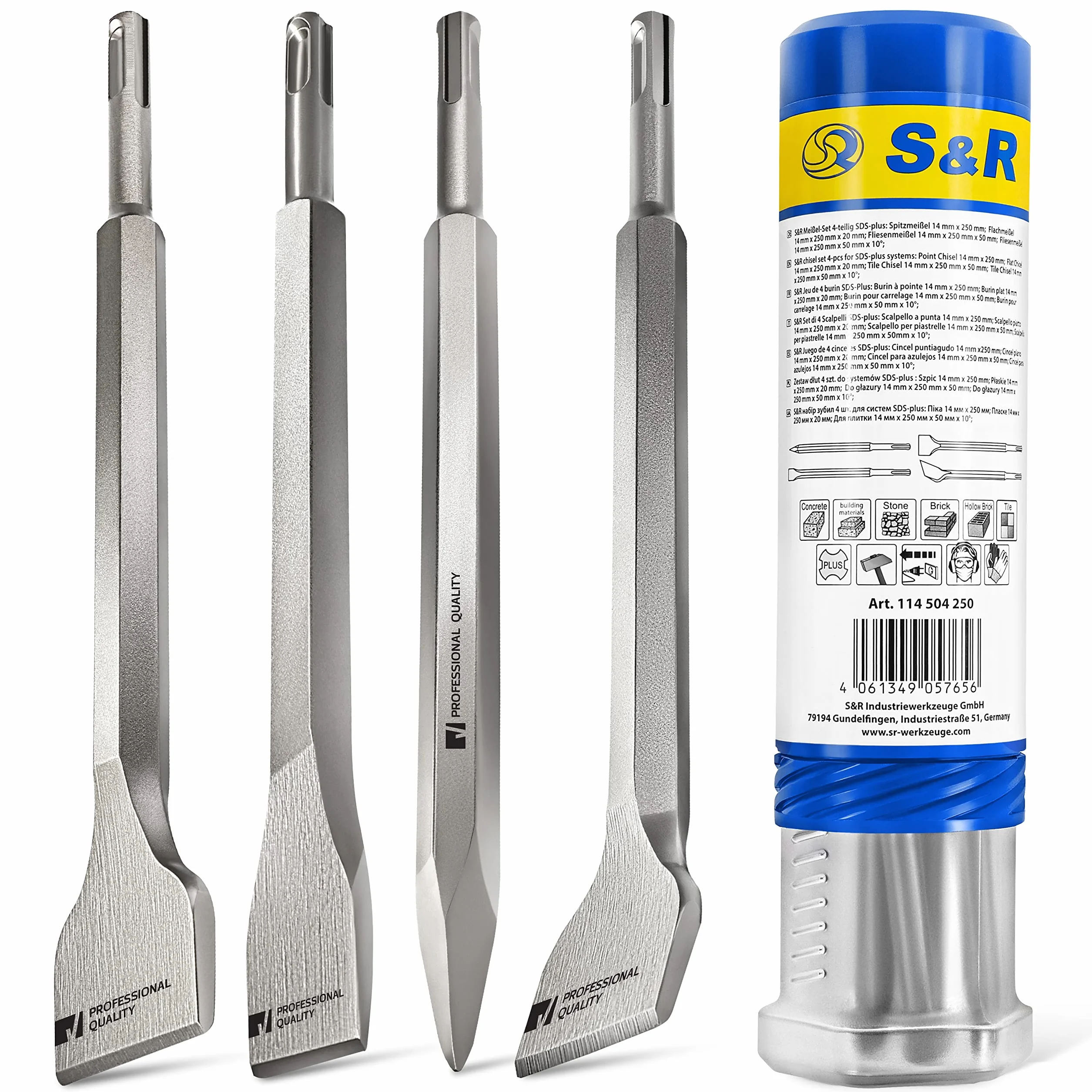 S&R Meister Dłuto SDS Plus Set 4 szt. - do płytek, betonu, kamienia, muru, tynku itp. - 1 dłuto spiczaste, 1 dłuto płaskie, 2 dłuta do płytek - kątowe i proste