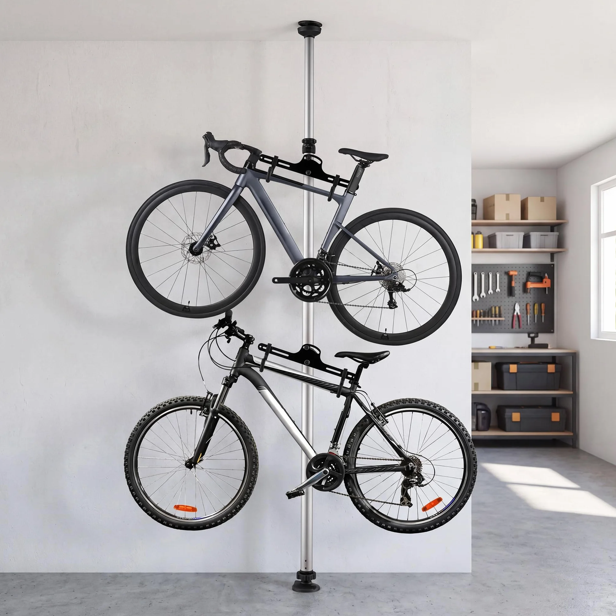 Teleskopowy uchwyt rowerowy na 2 rowery co 20kg oszczędzający miejsce regulowany w zakresie 160-340cm z ramionami obrotowymi 360°
