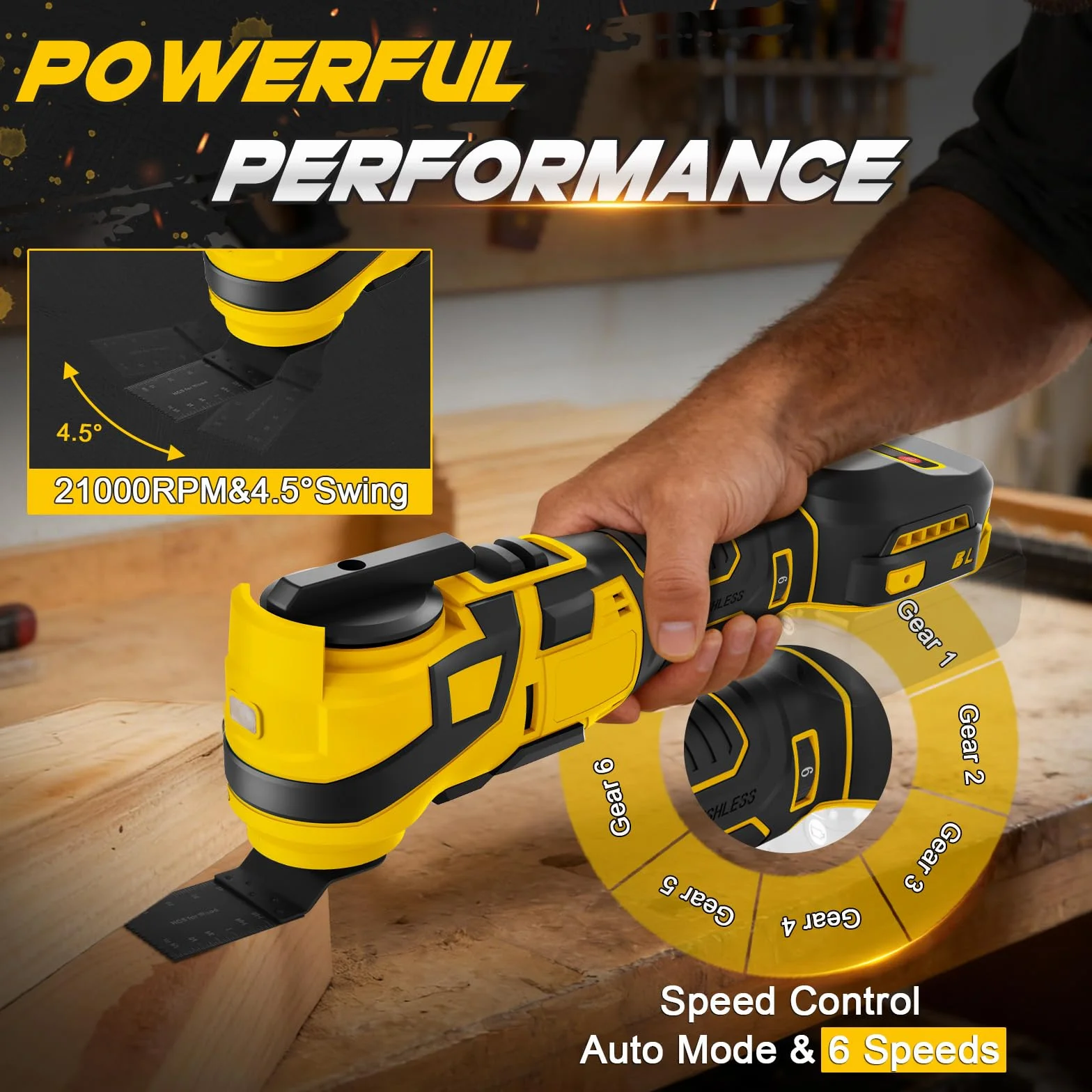 WingFly Wielofunkcyjne narzędzie akumulatorowe do Dewalt 18 V, 20 V | Oscylujące narzędzie wielofunkcyjne, 6 regulowanych prędkości (prędkość oscylacji 10000-20000 min¹ bez akumulatora)