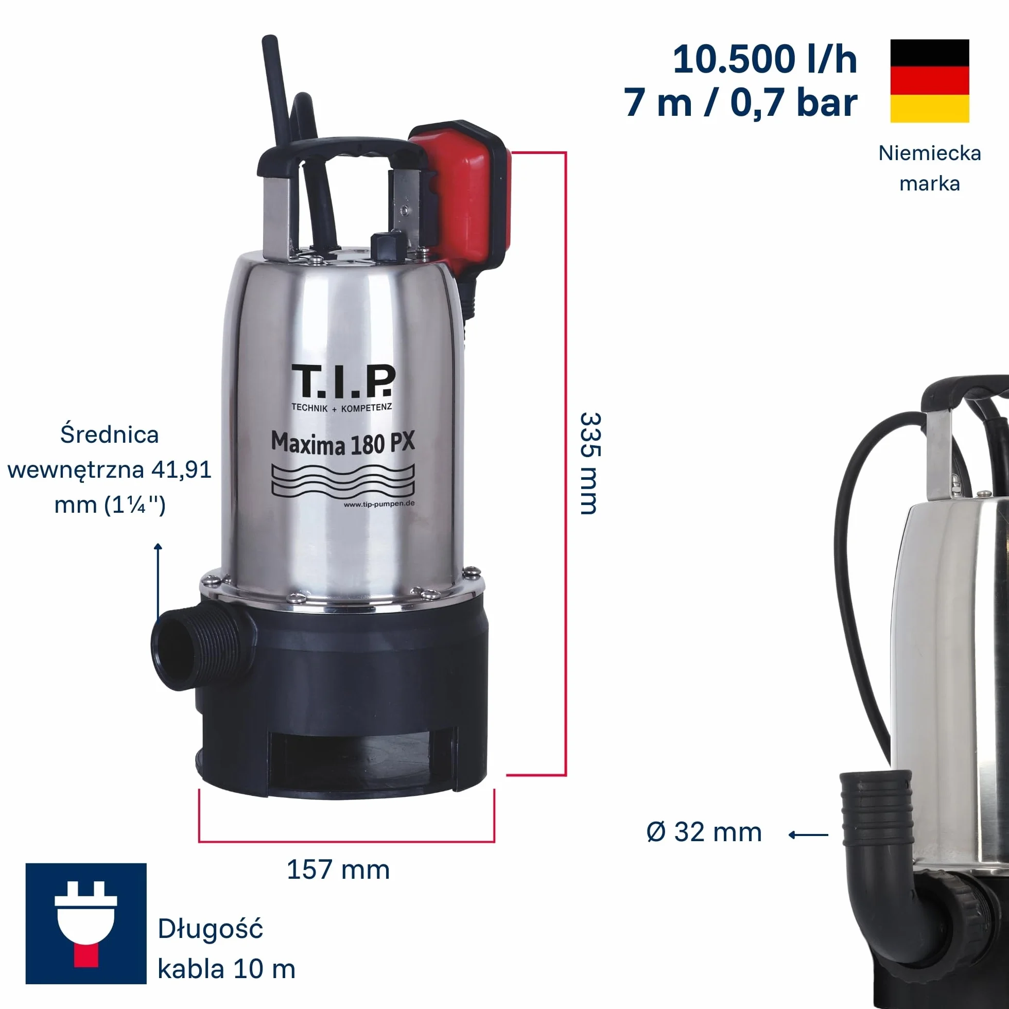 T.I.P. Pompa Zanurzeniowa TVX 7000 7000 l/h Stal Nierdzewna Automatyczny Pływakowy Wyłącznik