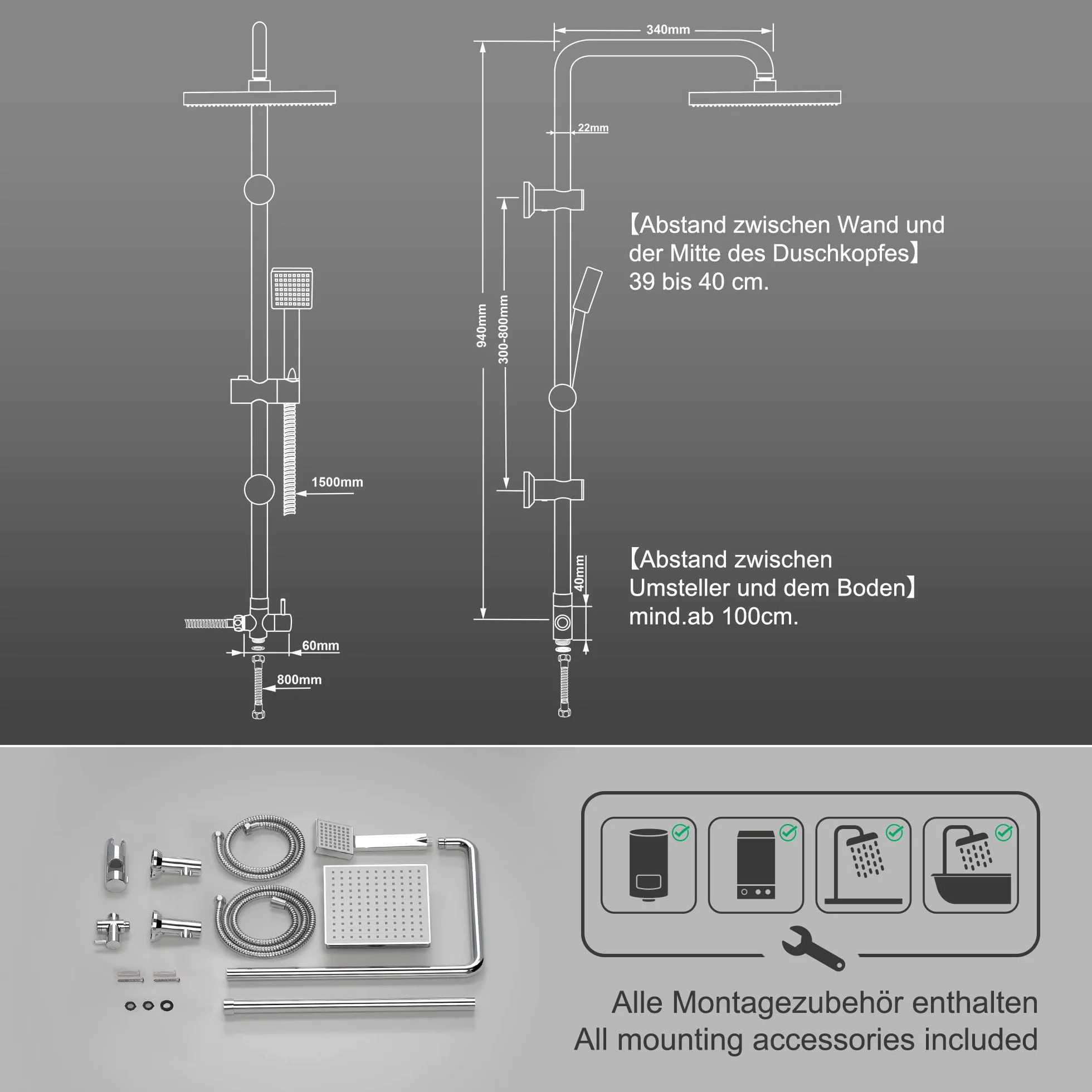 JOHO System prysznicowy ze stali nierdzewnej, zestaw prysznicowy z deszczownicą ABS 20 x 20 cm