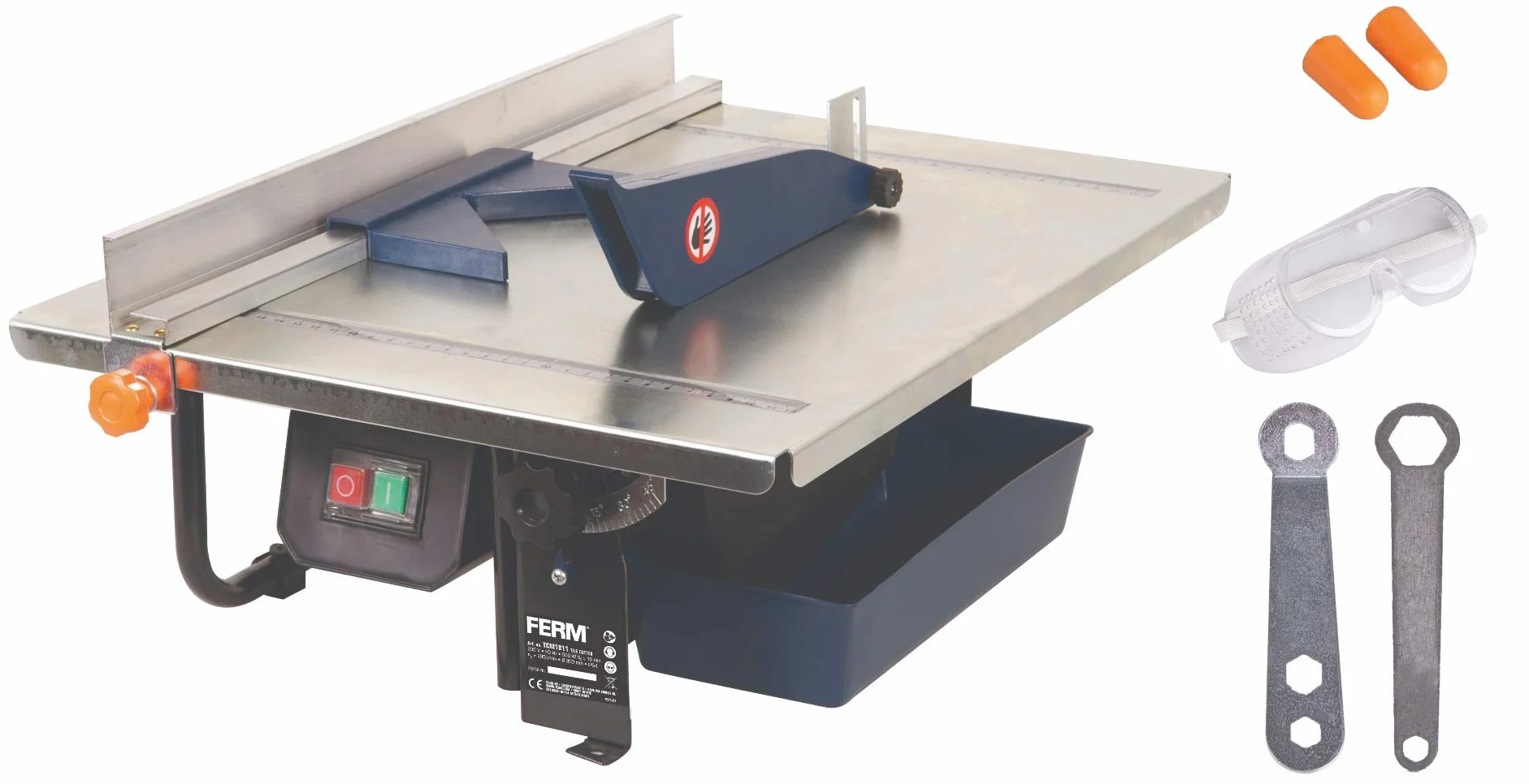 FERM Przecinarka do płytek 900 W - 2950/min - tarcza diamentowa 200 mm - brzeszczot chłodzony wodą - regulacja 0-45 stopni, czarny, niebieski, stal nierdzewna