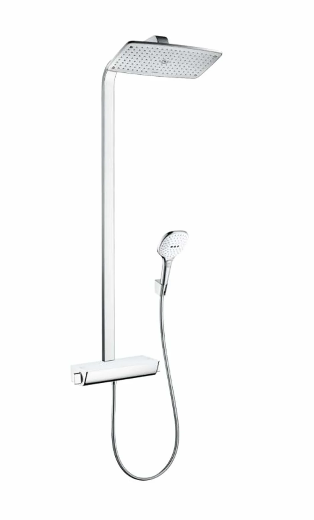 hansgrohe Raindance E - komplet prysznicowy z termostatem, zestaw prysznicowy z główką prysznicowa 3-strumieniowa, wąż, szyna i deszczownica kwadratowa (⌀ 360 mm), biały/chrom, 27112400