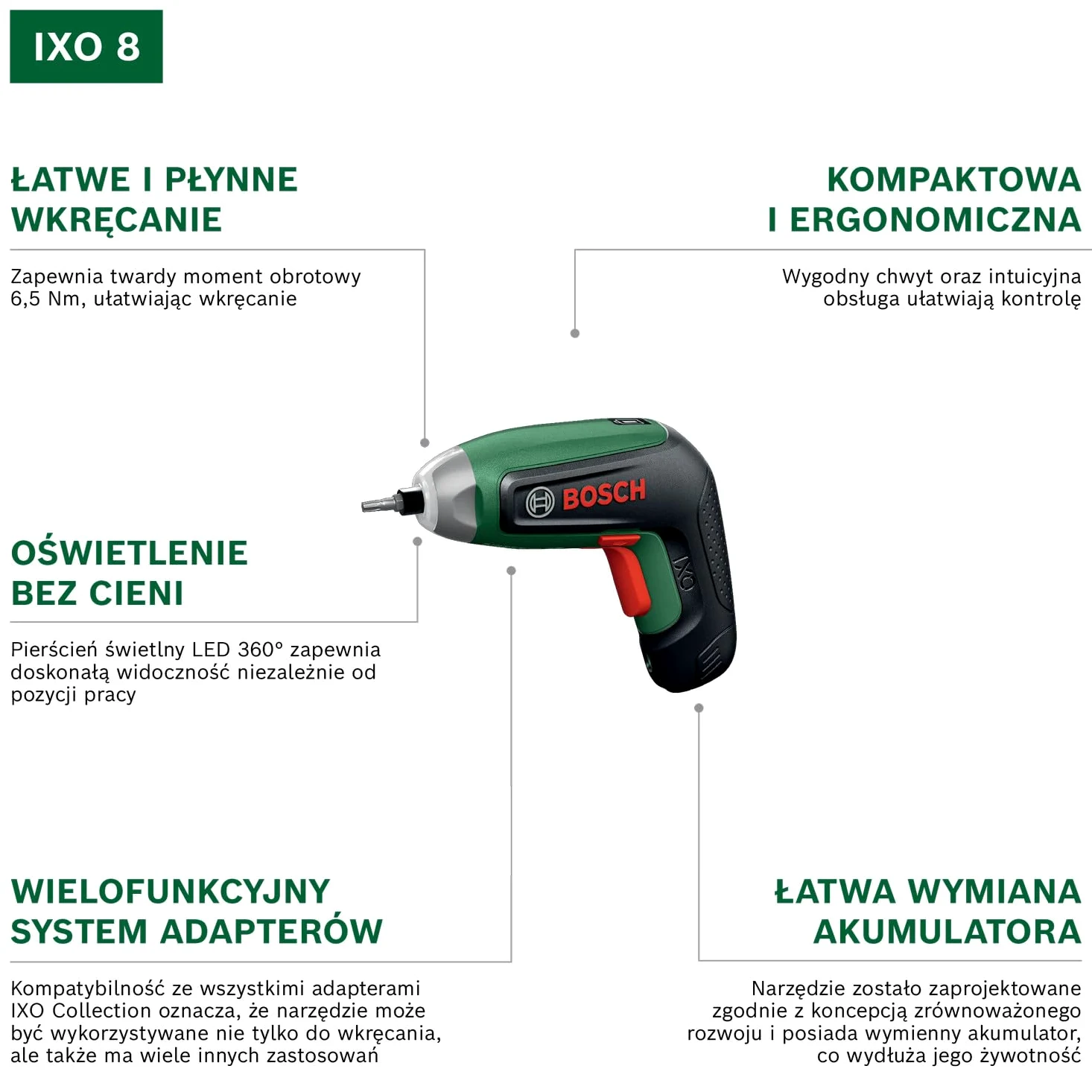 Bosch IXO 8 Wkrętarka akumulatorowa (z adapterem kątowym i mimośrodowym, 10-częściowym zestawem bitów i akumulatorem, w walizce)
