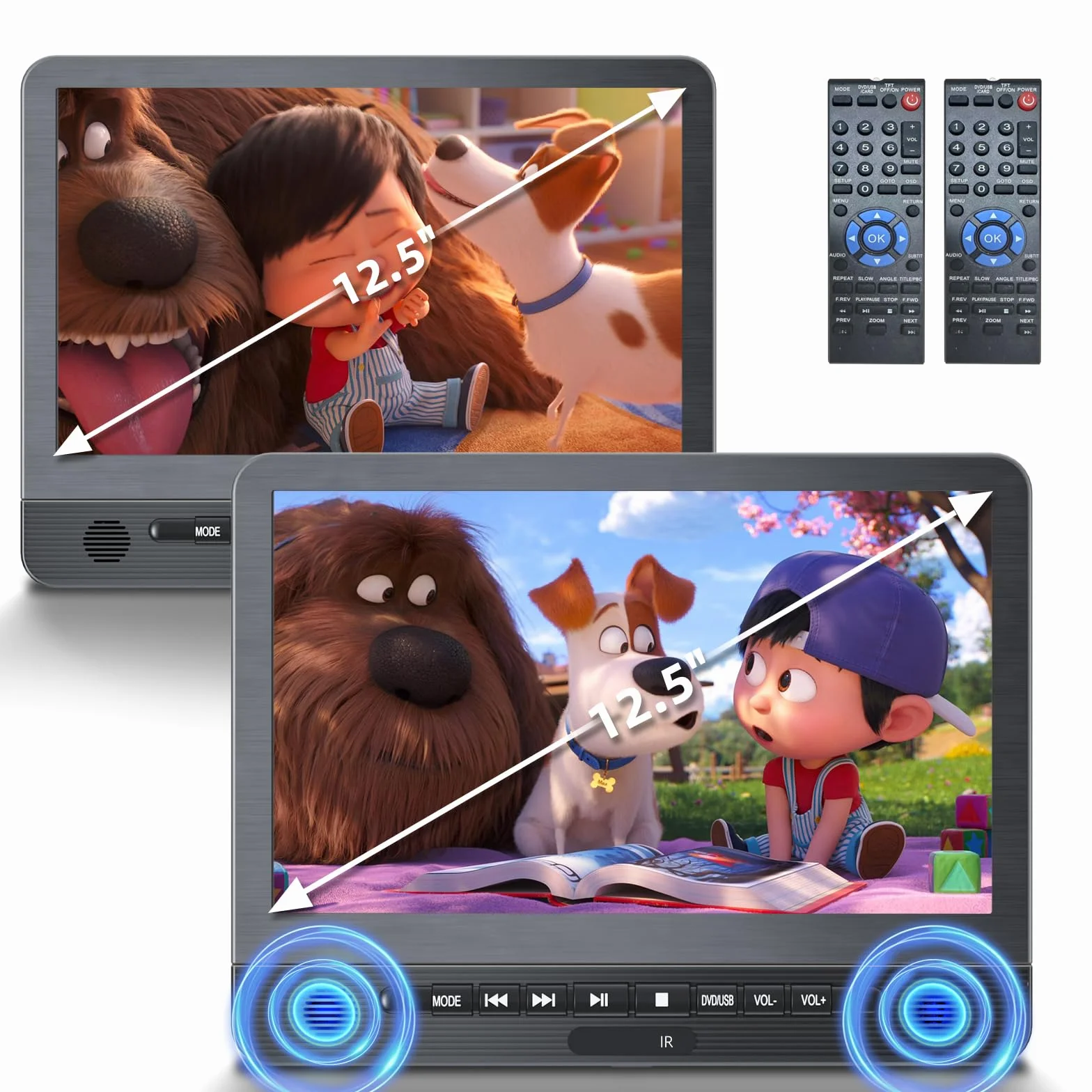 DESOBRY 12.5'' Samochodowy odtwarzacz DVD 2-ekran z akumulatorką 5h, USB AV In/Out 12V