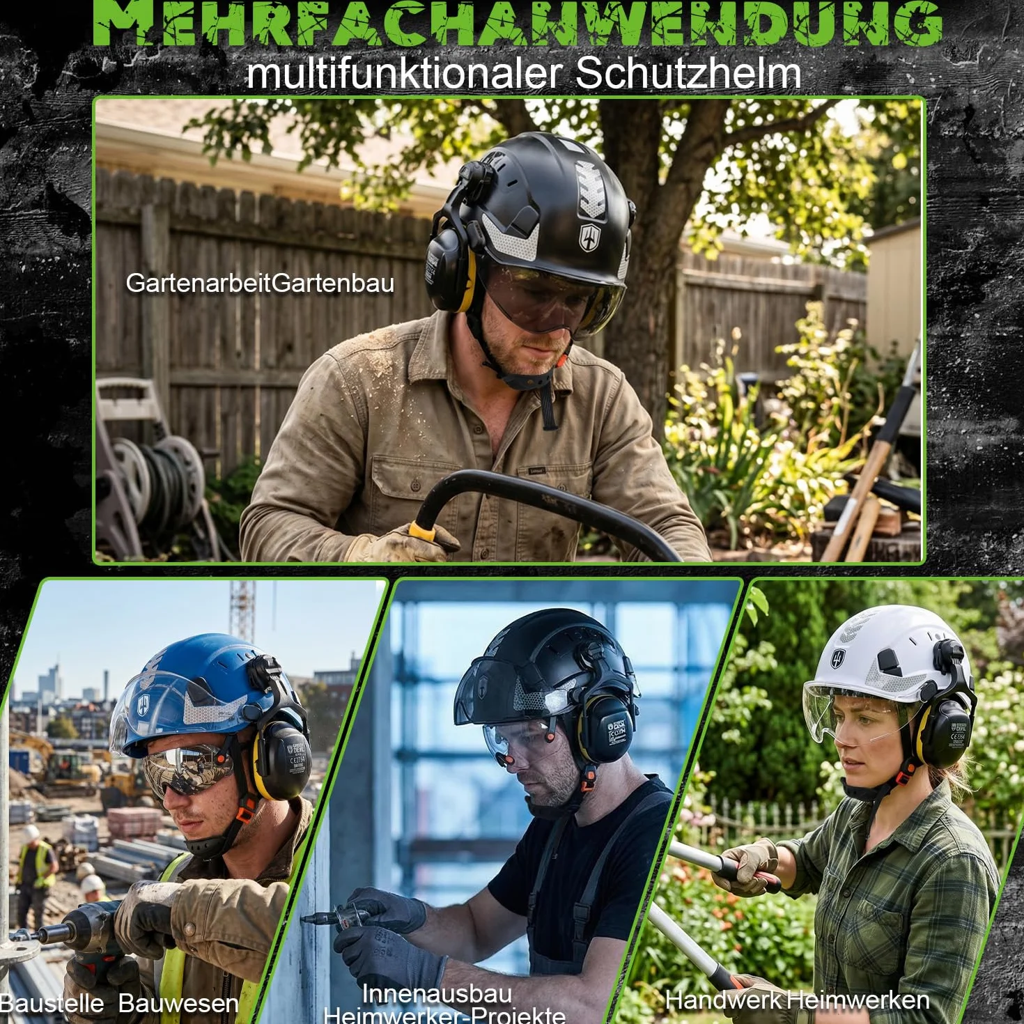 GREEN DEVIL Mervex kask ochronny – kask leśny z podwójnymi okularami ochronnymi EN166 i tłumikiem EN352 SNR32dB, certyfikat EN397, materiał ABS, unisex, do prac ogrodowych, wyrębów drewna i na placu