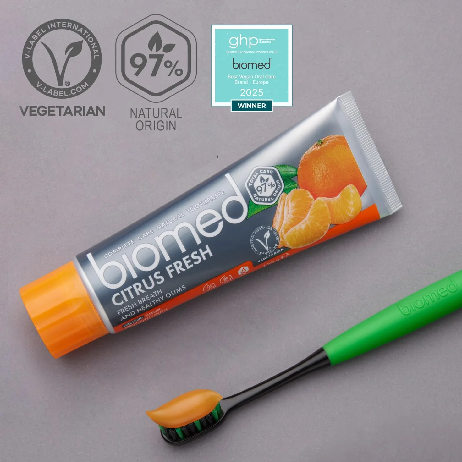 Biomed Citrus Fresh 97% Naturalna pasta do zębów/pomarańczowy, świeży oddech | zdrowe dziąsła/mandarynka grejpfrut cytryna olejki eteryczne, aromat owocowy, Wegetariański, SLES Free 100g