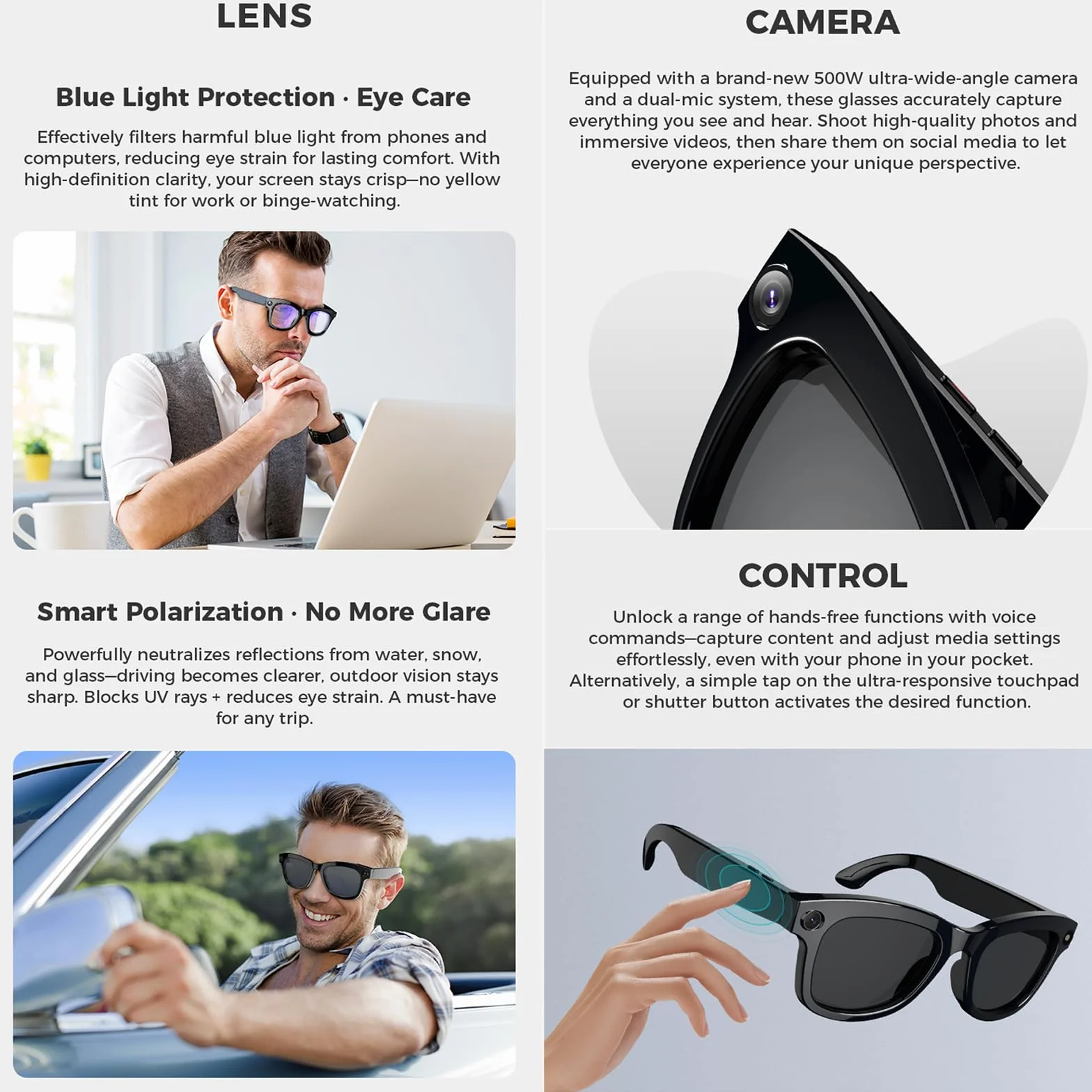 Inteligentne okulary AI z kamerą 500 W pikseli, ChatGPT, sterowaniem głosowym, Wi-Fi 4.0 + Bluetooth 5.3