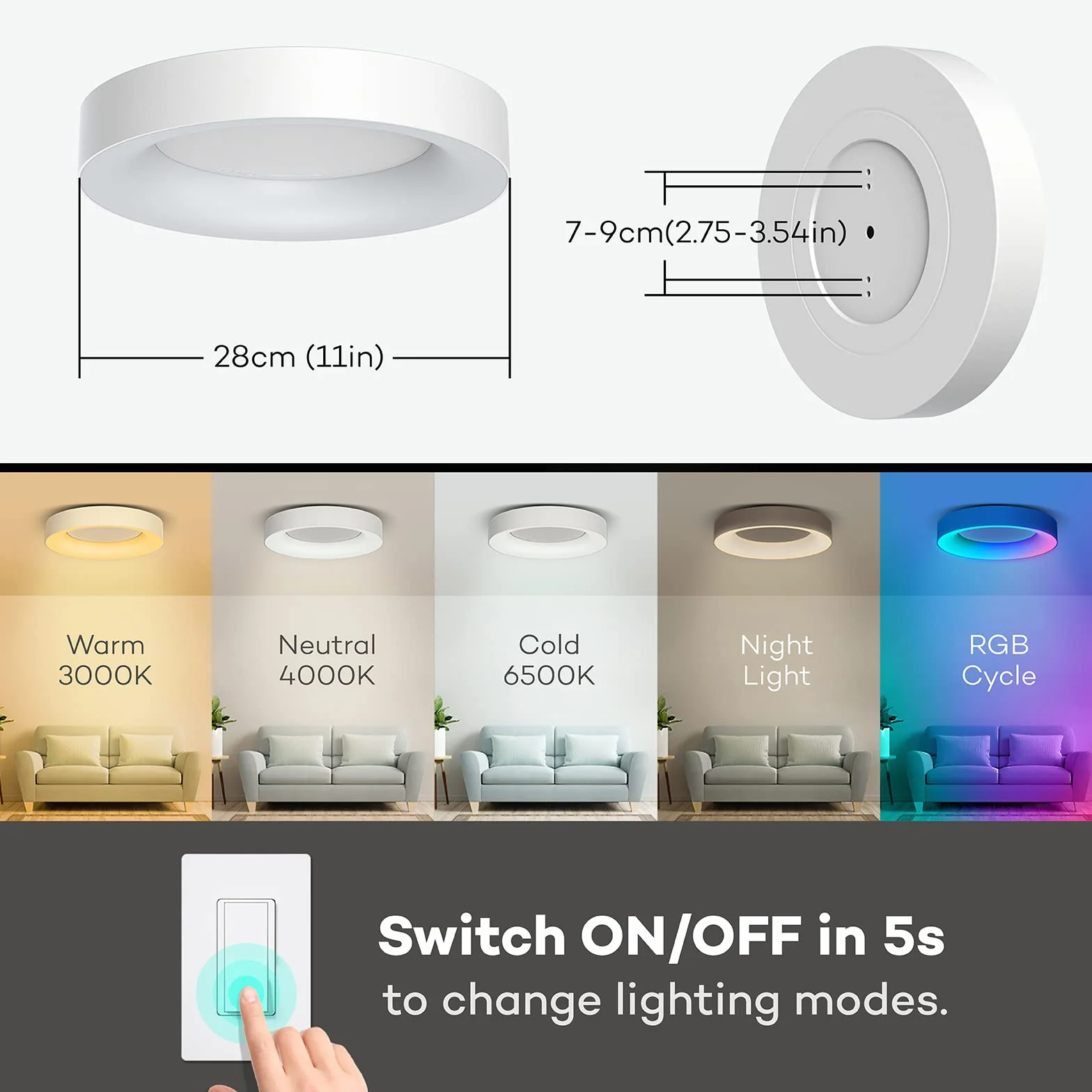Matane Lampa sufitowa LED RGB, ściemniana, 24 W, lampa sufitowa z pilotem zdalnego sterowania, zmiana koloru 3000-6500 K, do salonu, sypialni, pokoju dziecięcego, kuchni, łazienki, okrągła, 28 cm