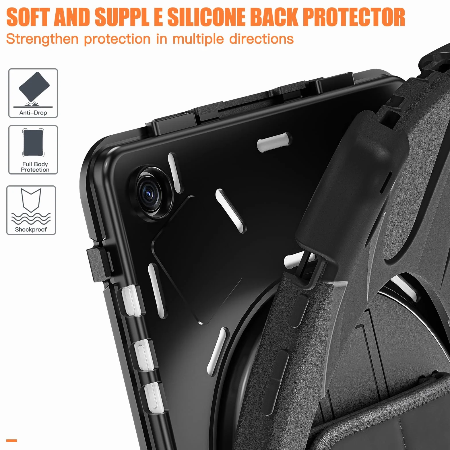 Gerutek Etui do Samsung Galaxy Tab A Plus 11 Cal 2023, A Plus odporne na wstrząsy etui/obracający się o 360 stopni stojak/paski na ręce i ramiona/czarne