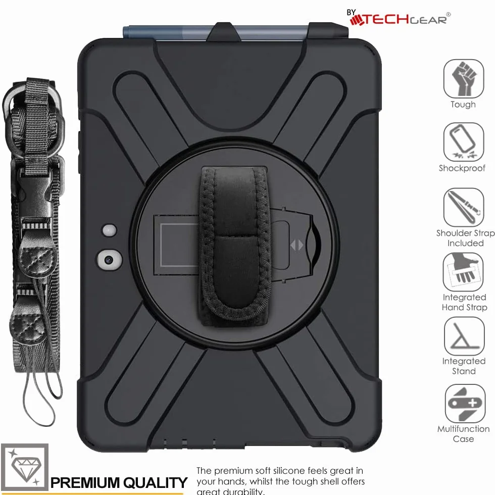 TECHGEAR X-Case pasuje do Microsoft Surface Go 4 / Surface Go 3/2 / 1 26.7 cm, wytrzymałe, wytrzymałe etui odporne na wstrząsy, stojak obrotowy 360, pasek na rękę i pasek na ramię - czarne