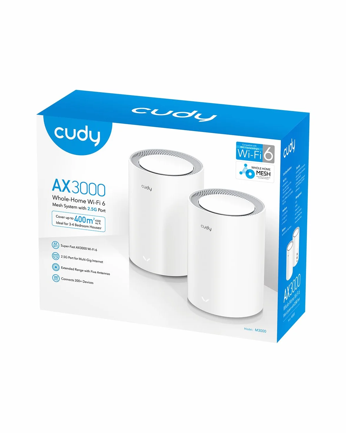 Cudy Siatka Routera Wi-Fi 6 2.5G, 2 Porty Ethernet, Dwupasmowy, VPN, 2402Mbps 5GHz+574 Mbps 2,4GHz, Bezprzewodowy, Do 3000Mbps, M3000 2-Pack (M3000 2-Pack V2.0)
