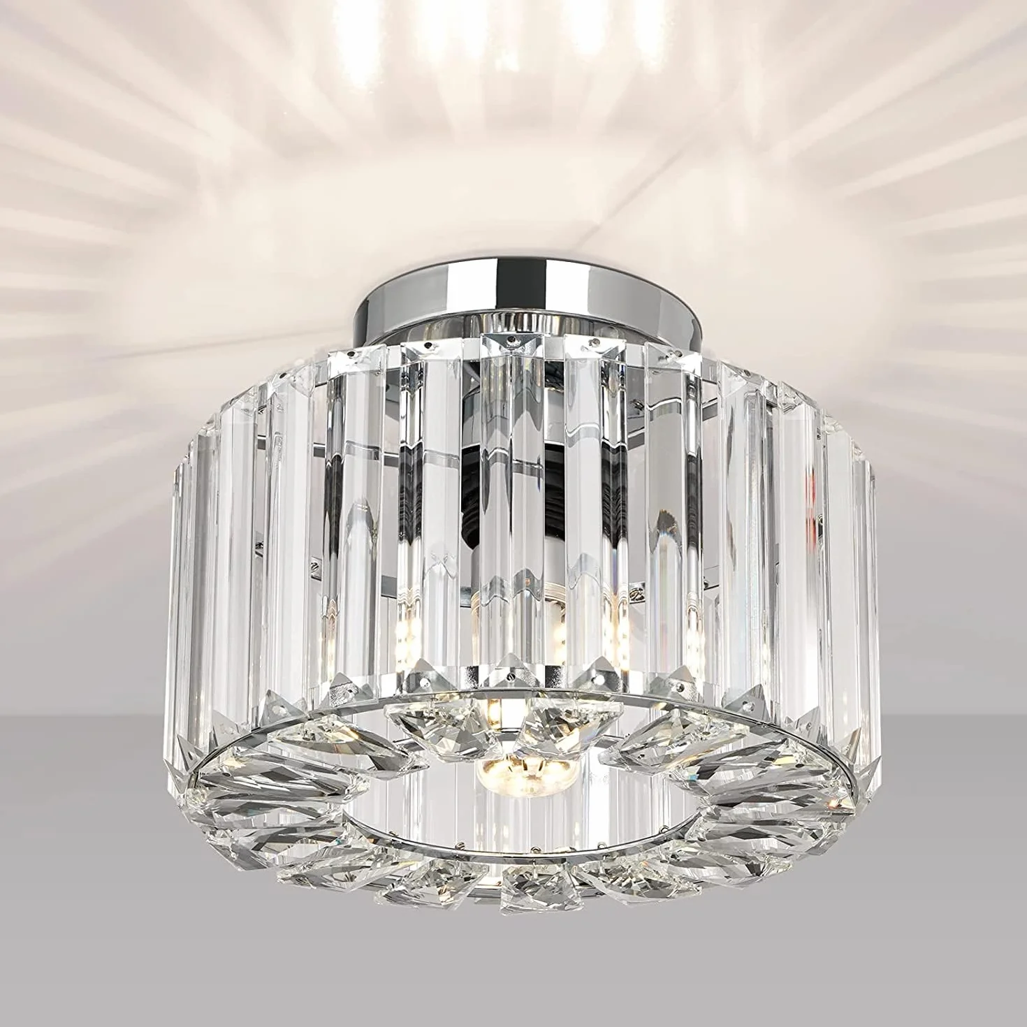 Frideko Home Nowoczesna kryształowa lampa sufitowa Vintage K9 żyrandol, metalowa abażur, E27, chrom, Ø 22 cm