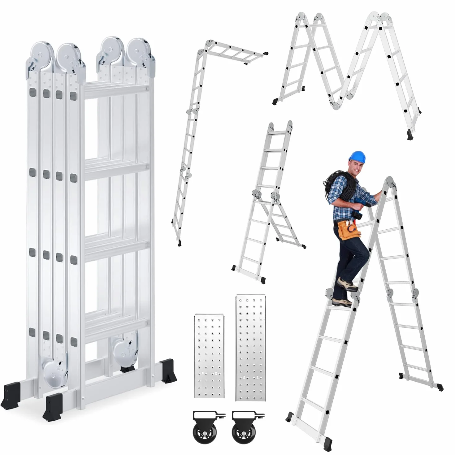 4 x 4 drabina wielofunkcyjna aluminiowa, 470 cm, składana drabina z 2 platformami i 2 kółkami, drabina do gospodarstwa domowego, drabina robocza 16 szczebli, maks. nośność 150 kg
