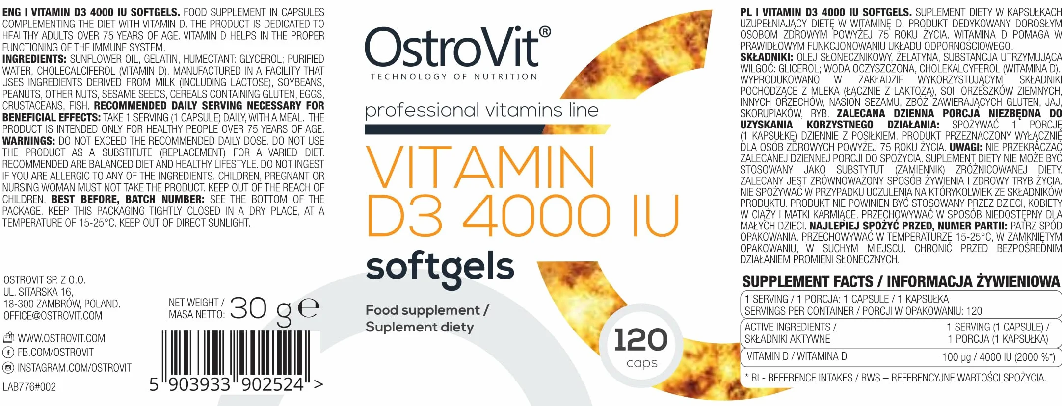 OstroVit Witamina D3 4000 IU | 120 Kapsułek | Cholekalcyferol | Wysoka Zawartość Witaminy D | Wsparcie Kości i Układu Odpornościowego | 120 Porcji