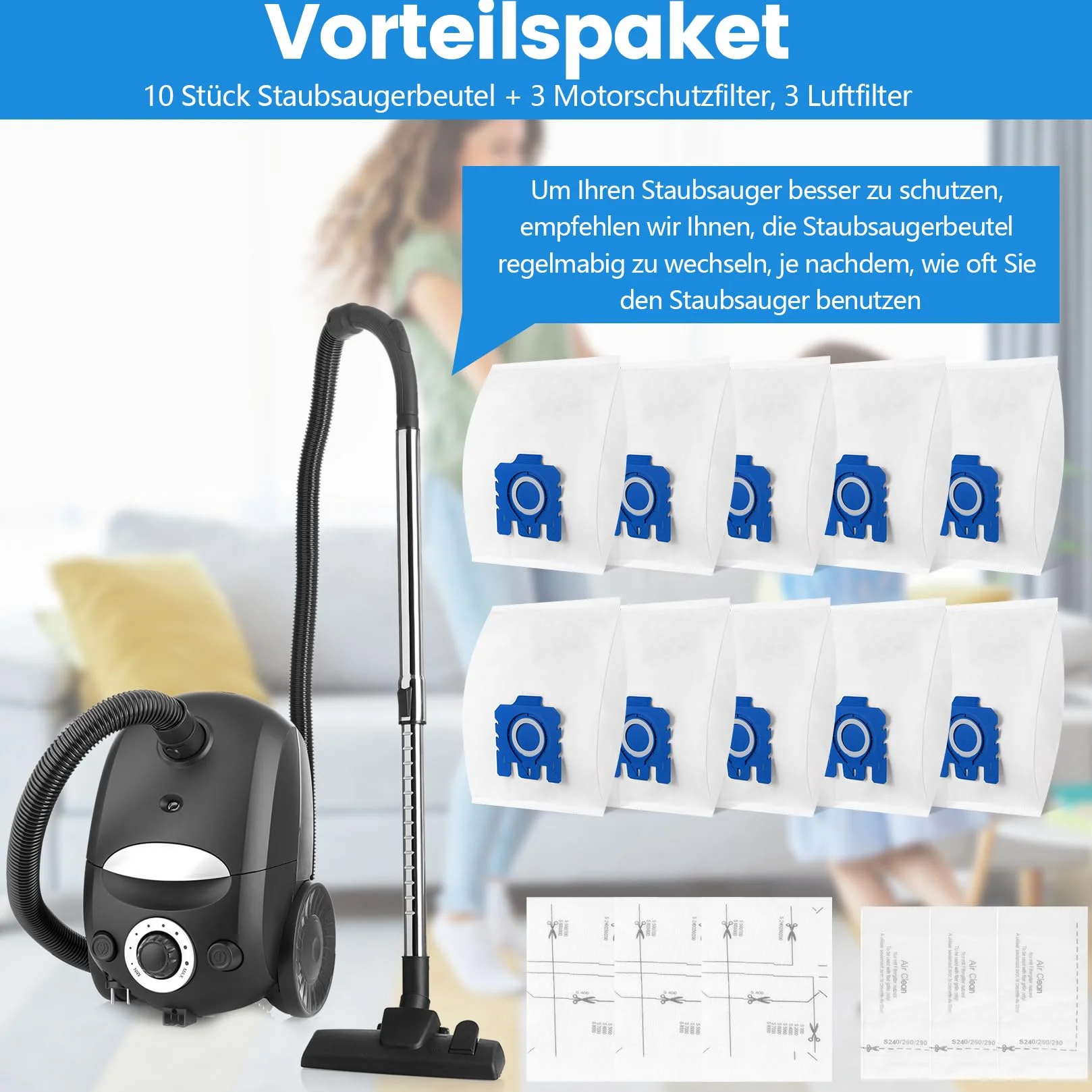 10 worków do odkurzacza dla Miele HyClean Pure GN Classic C1 Complete C2 C3 S2 S5 S8 S Seria, akcesoria do odkurzaczy Efficiency, z 3 filtrami silnikowymi, 3 filtrami wylotowymi, części zamienne