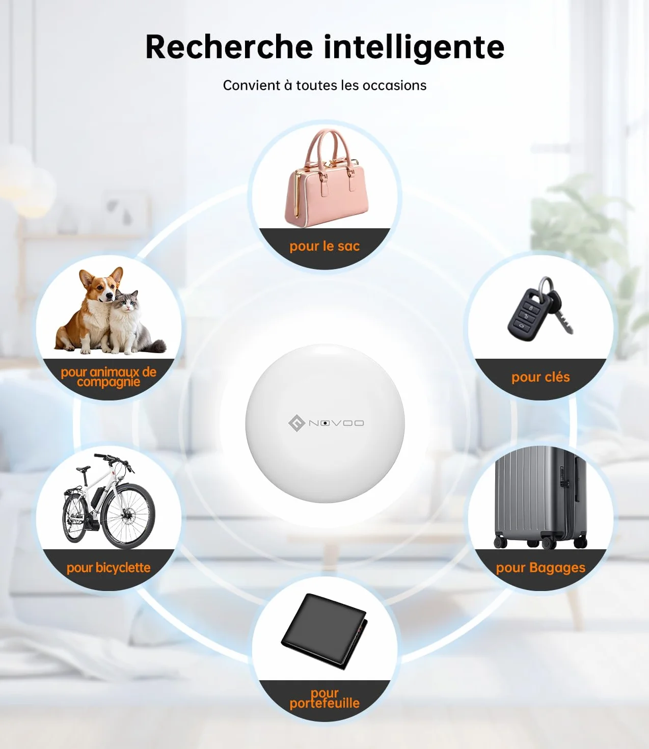 NOVOO Inteligentny tag Bluetooth kompatybilny z Apple & Google Find My, alarm 80dB, wodoodporny IPX5, wymienna bateria