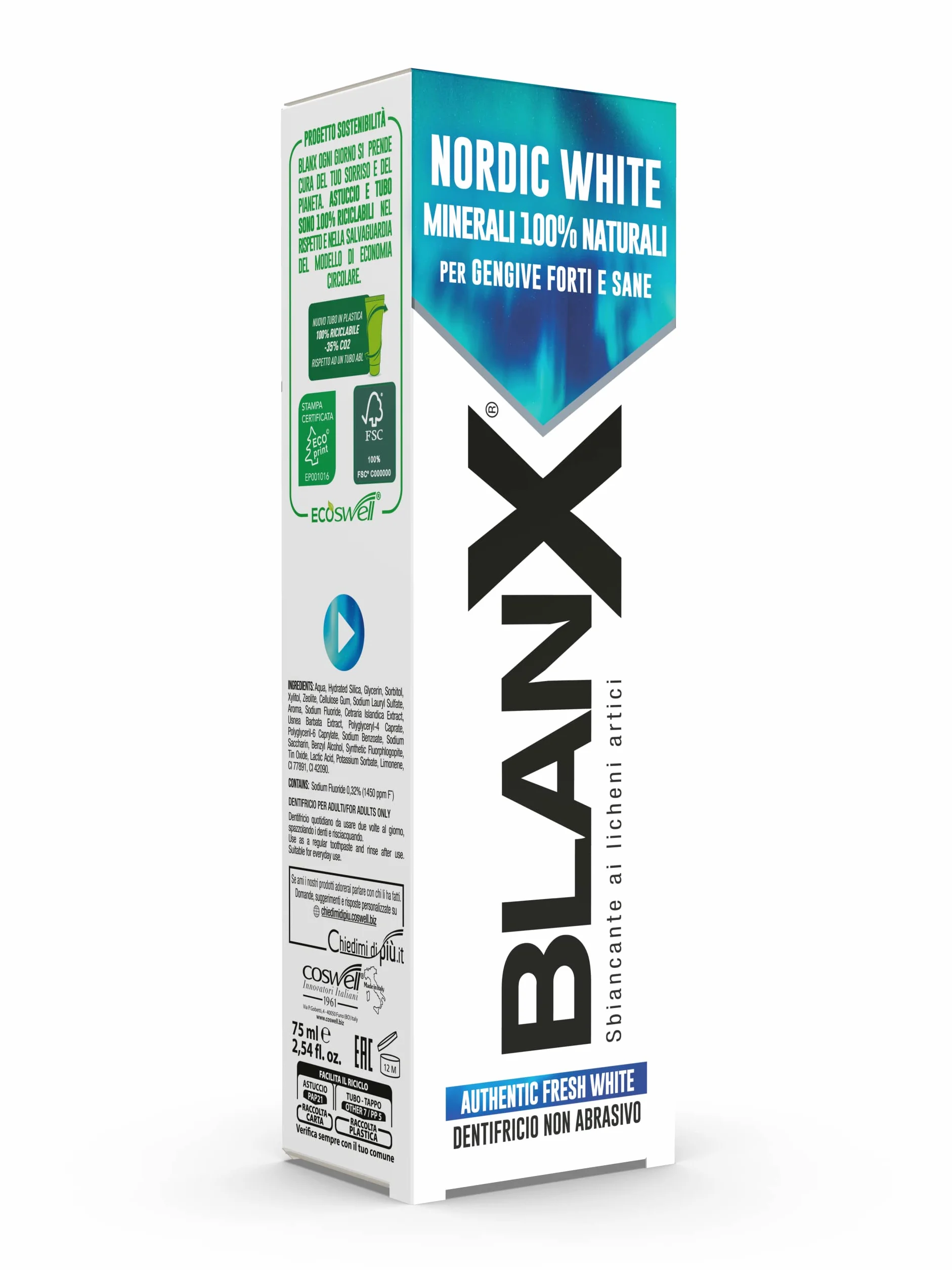 BlanX, Nordic White pasta do zębów przeciw plamom, w 100% z naturalnych włókien, uspokajająca i regenerująca, natychmiastowa świeżość, format 75 ml