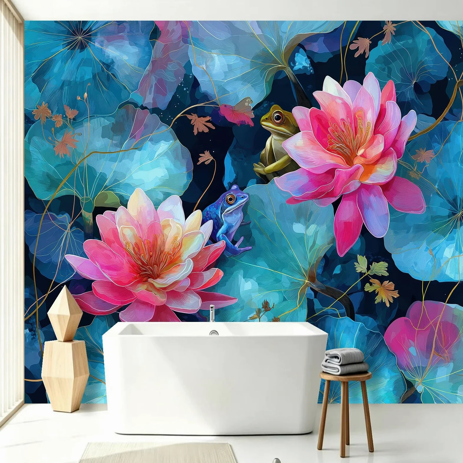 Fototapeta z efektem 3D, zwierzęta, żaby, akwarela – 250 x 175 cm, tapeta z włókniny, kwiatowe, lilie wodne, liście lotosu, tapeta ścienna, matowa i wodoszczelna, do salonu i sypialni, nowoczesna