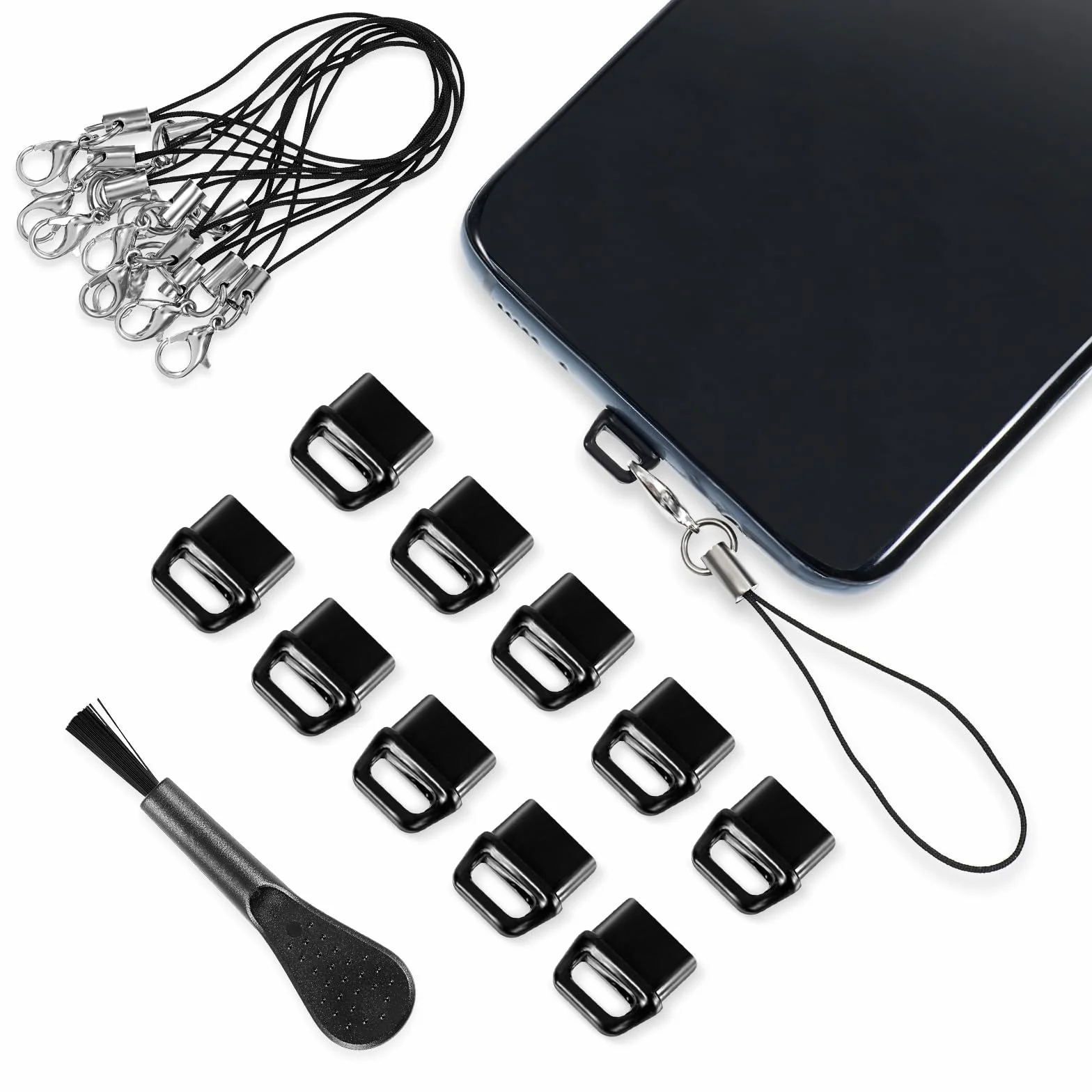 Osłony przeciwkurzowe USB C 10 sztuk z paskiem i szczoteczką czarny